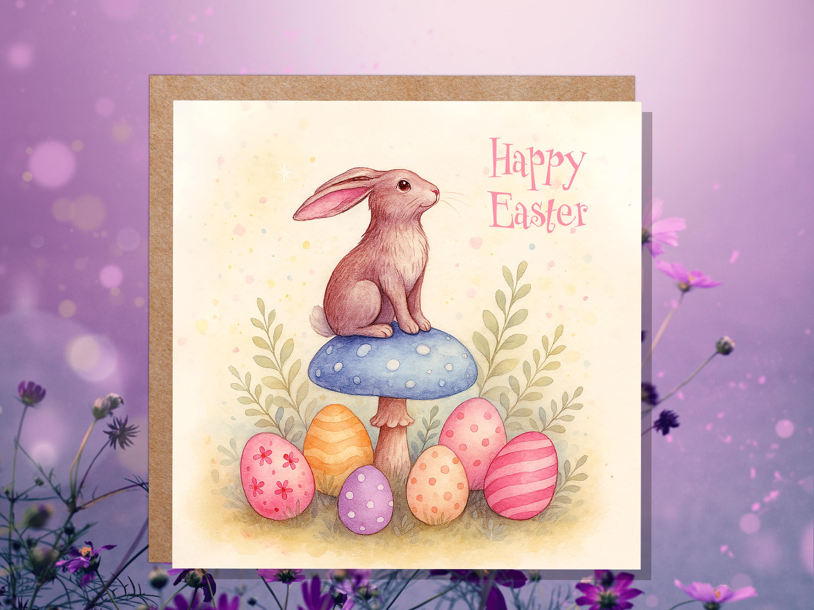Pastel Easter Bunny Card Sitting on a Toadstool with Decorated Eggs Cute Sustainable Greetings Spring Illustration Mushroom Art New for 2025 - View 4