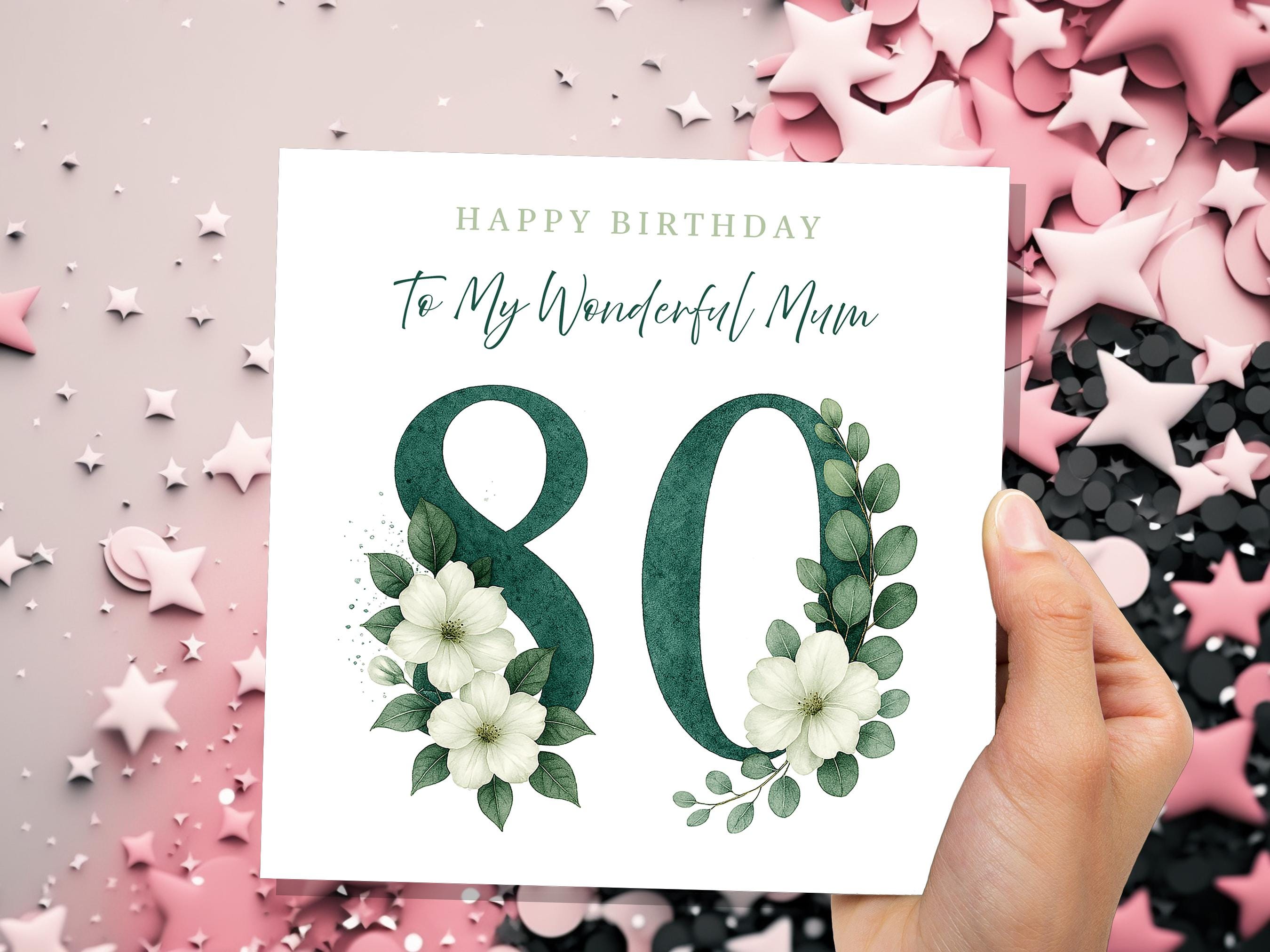 Elegant 80th Birthday Card for Mum Green Floral with White Dogwood Roses Flowers Watercolour Art Can be Personalised for Grandma Aunt Sister - View 5