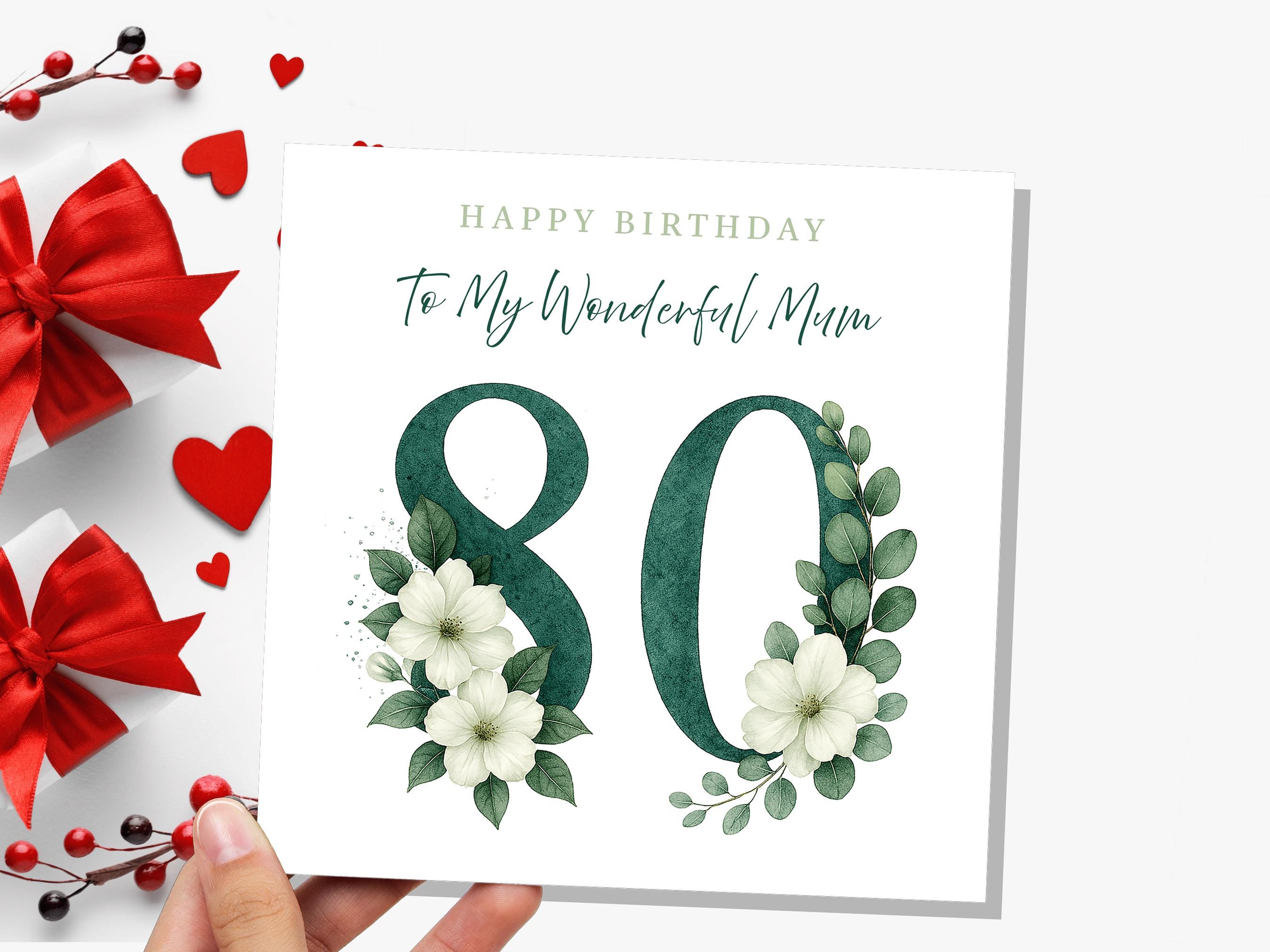 Elegant 80th Birthday Card for Mum Green Floral with White Dogwood Roses Flowers Watercolour Art Can be Personalised for Grandma Aunt Sister - View 8