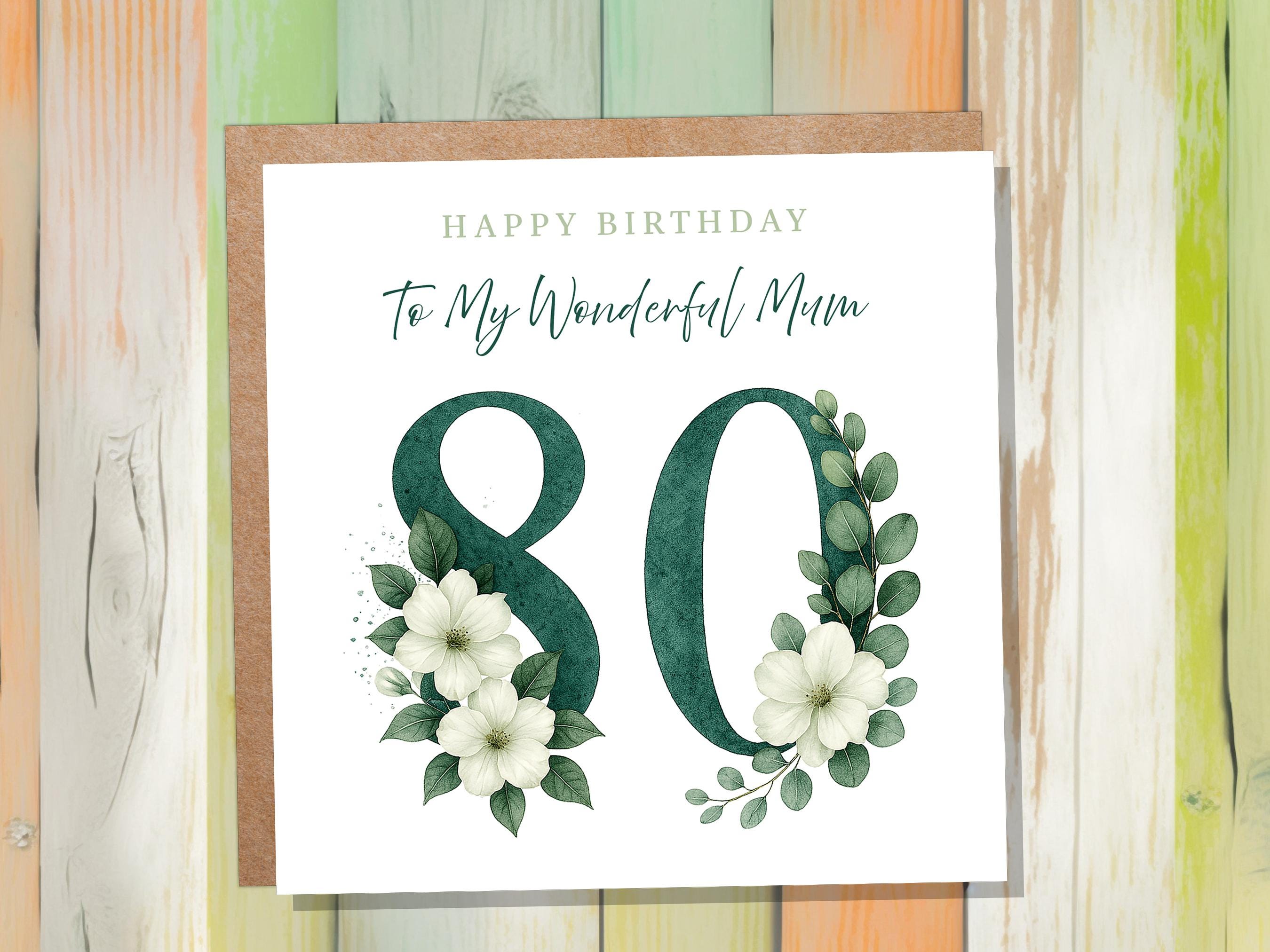 Elegant 80th Birthday Card for Mum Green Floral with White Dogwood Roses Flowers Watercolour Art Can be Personalised for Grandma Aunt Sister - View 9