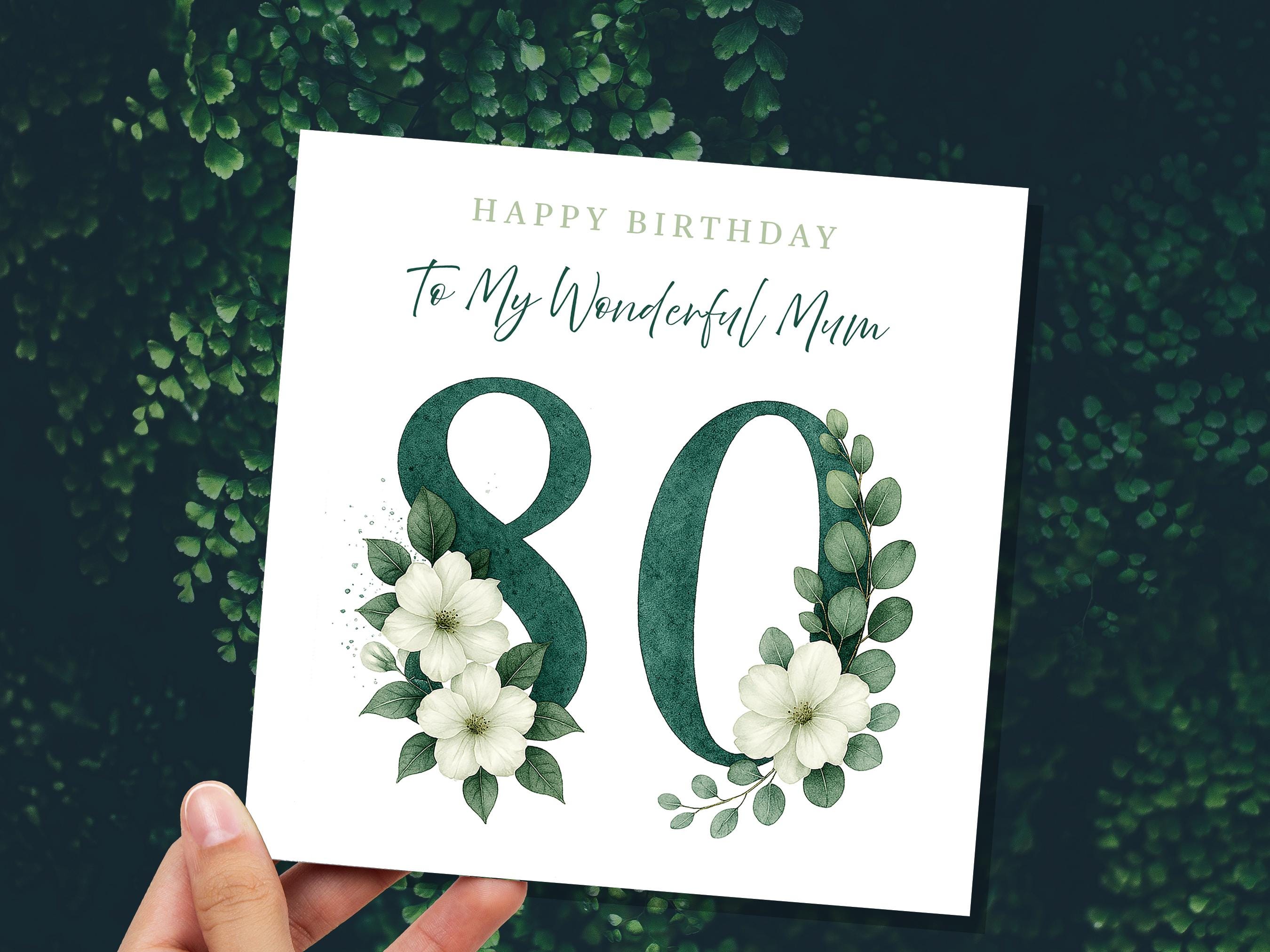 Elegant 80th Birthday Card for Mum Green Floral with White Dogwood Roses Flowers Watercolour Art Can be Personalised for Grandma Aunt Sister