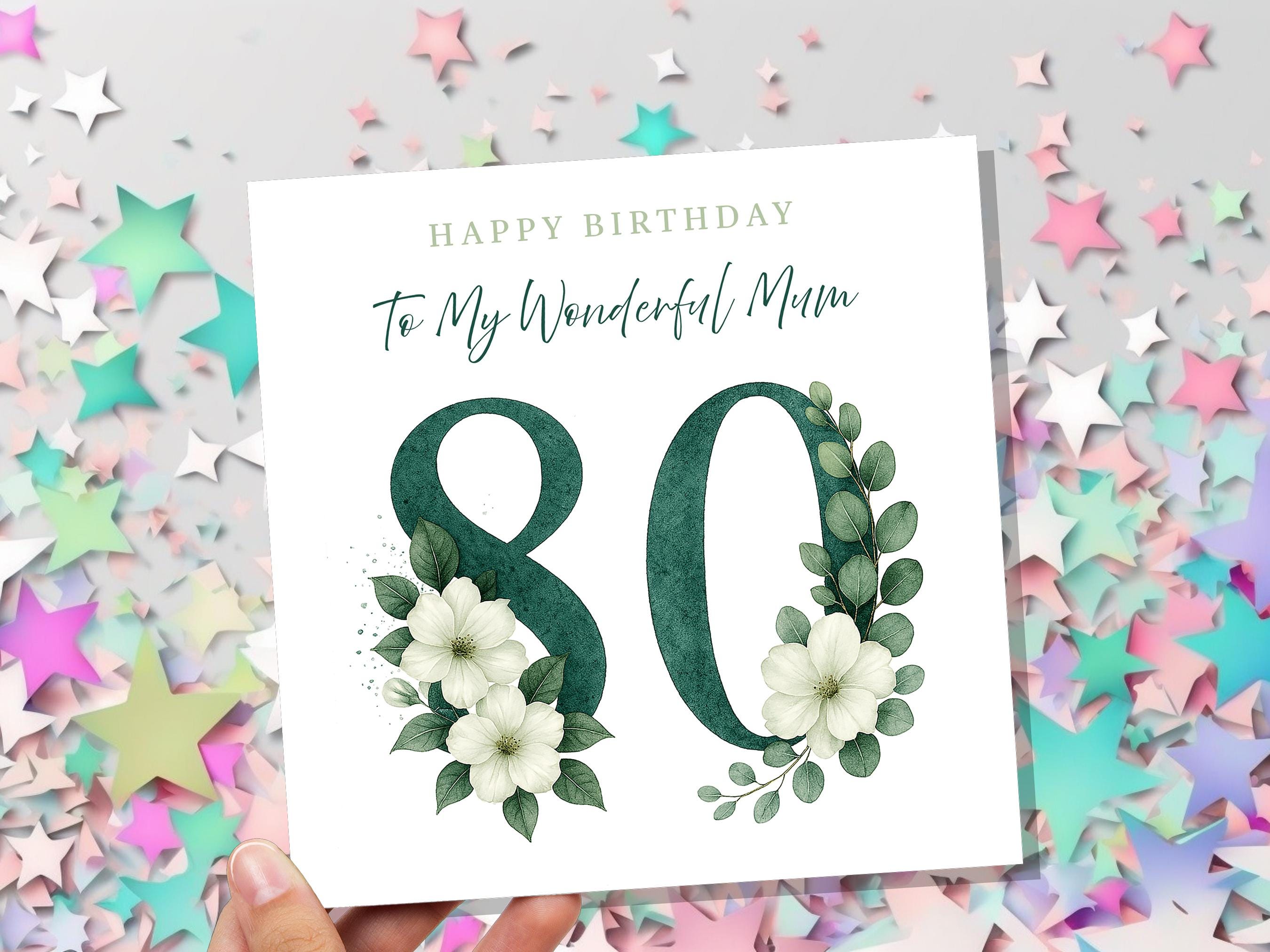 Elegant 80th Birthday Card for Mum Green Floral with White Dogwood Roses Flowers Watercolour Art Can be Personalised for Grandma Aunt Sister - View 7