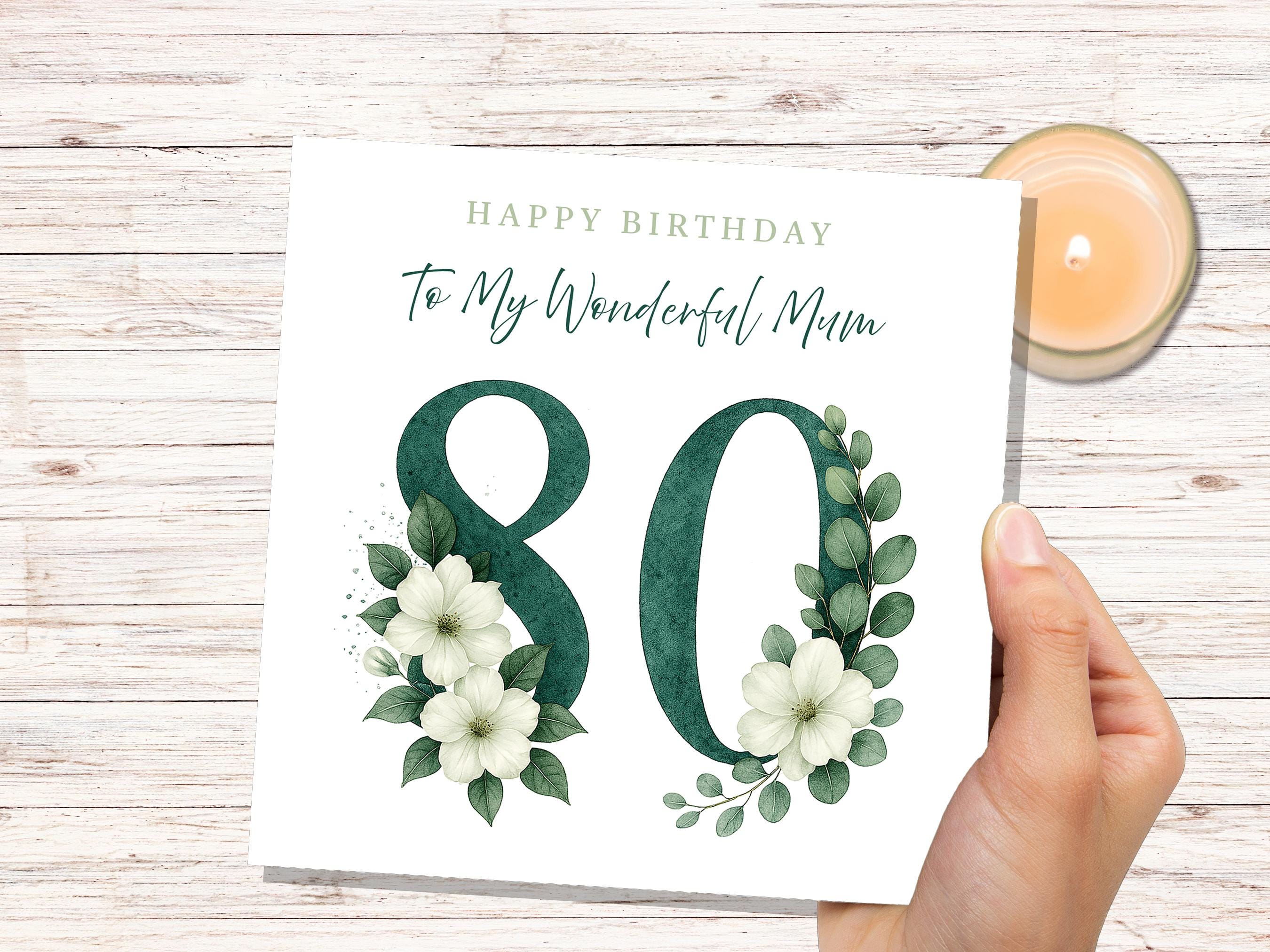Elegant 80th Birthday Card for Mum Green Floral with White Dogwood Roses Flowers Watercolour Art Can be Personalised for Grandma Aunt Sister - View 3
