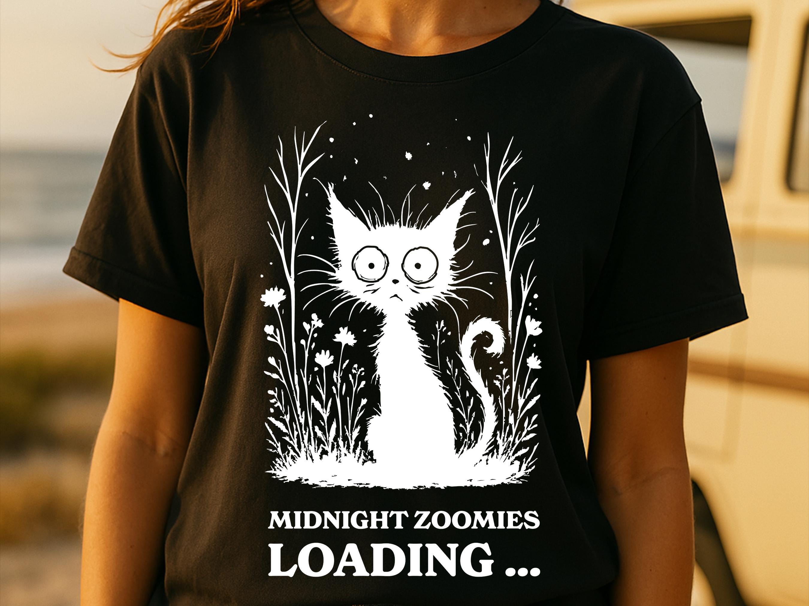 Midnight Zoomies Loading Funny Cat T-Shirt Cute Black Cat Tee Crazy Cat Lover Gift Humorous Pet Shirt Unisex Cat Mum Dad Owners Graphic Top - View 6