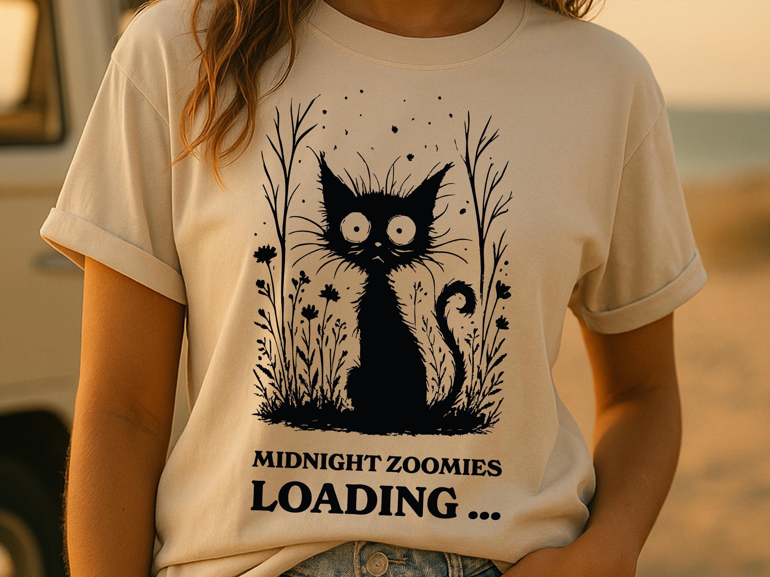Midnight Zoomies Loading Funny Cat T-Shirt Cute Black Cat Tee Crazy Cat Lover Gift Humorous Pet Shirt Unisex Cat Mum Dad Owners Graphic Top - View 3