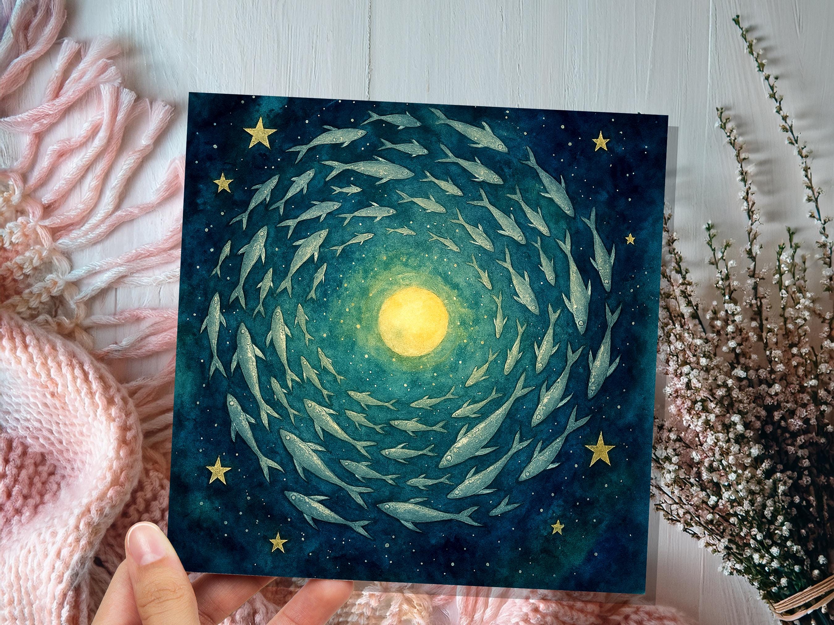 Moon Fish Greeting Card Starry Night Sky Watercolour Art Celestial Spiritual Pagan Witchy Birthday Any Occasion Card - View 4