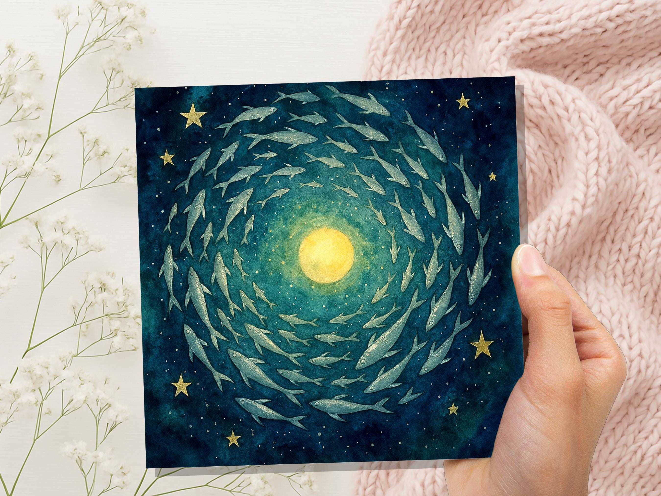 Moon Fish Greeting Card Starry Night Sky Watercolour Art Celestial Spiritual Pagan Witchy Birthday Any Occasion Card - View 7