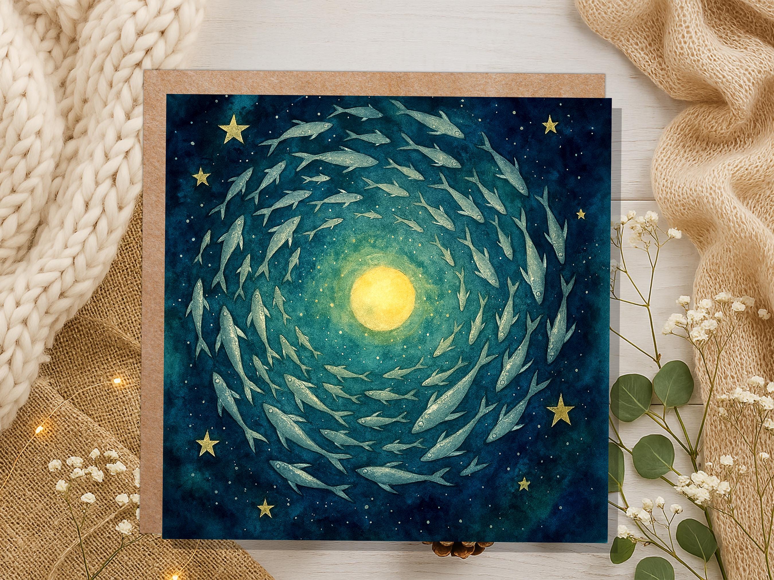 Moon Fish Greeting Card Starry Night Sky Watercolour Art Celestial Spiritual Pagan Witchy Birthday Any Occasion Card