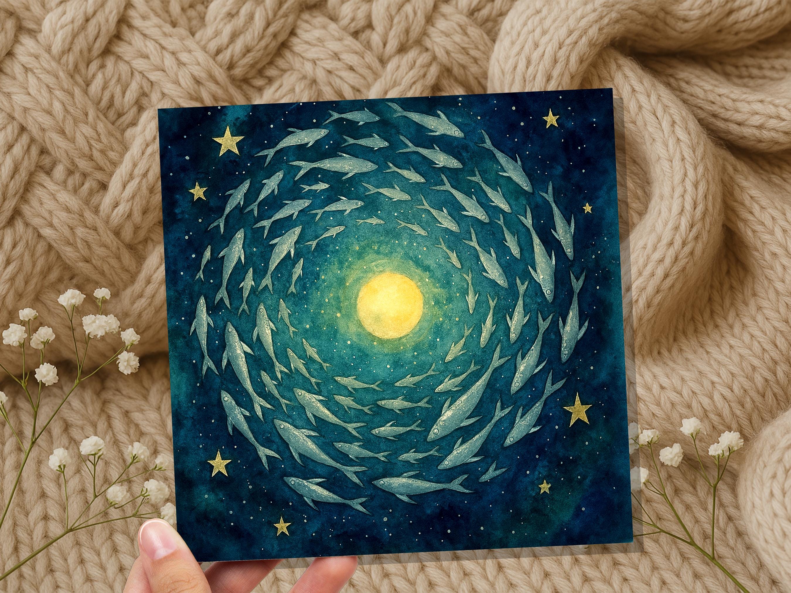 Moon Fish Greeting Card Starry Night Sky Watercolour Art Celestial Spiritual Pagan Witchy Birthday Any Occasion Card - View 5