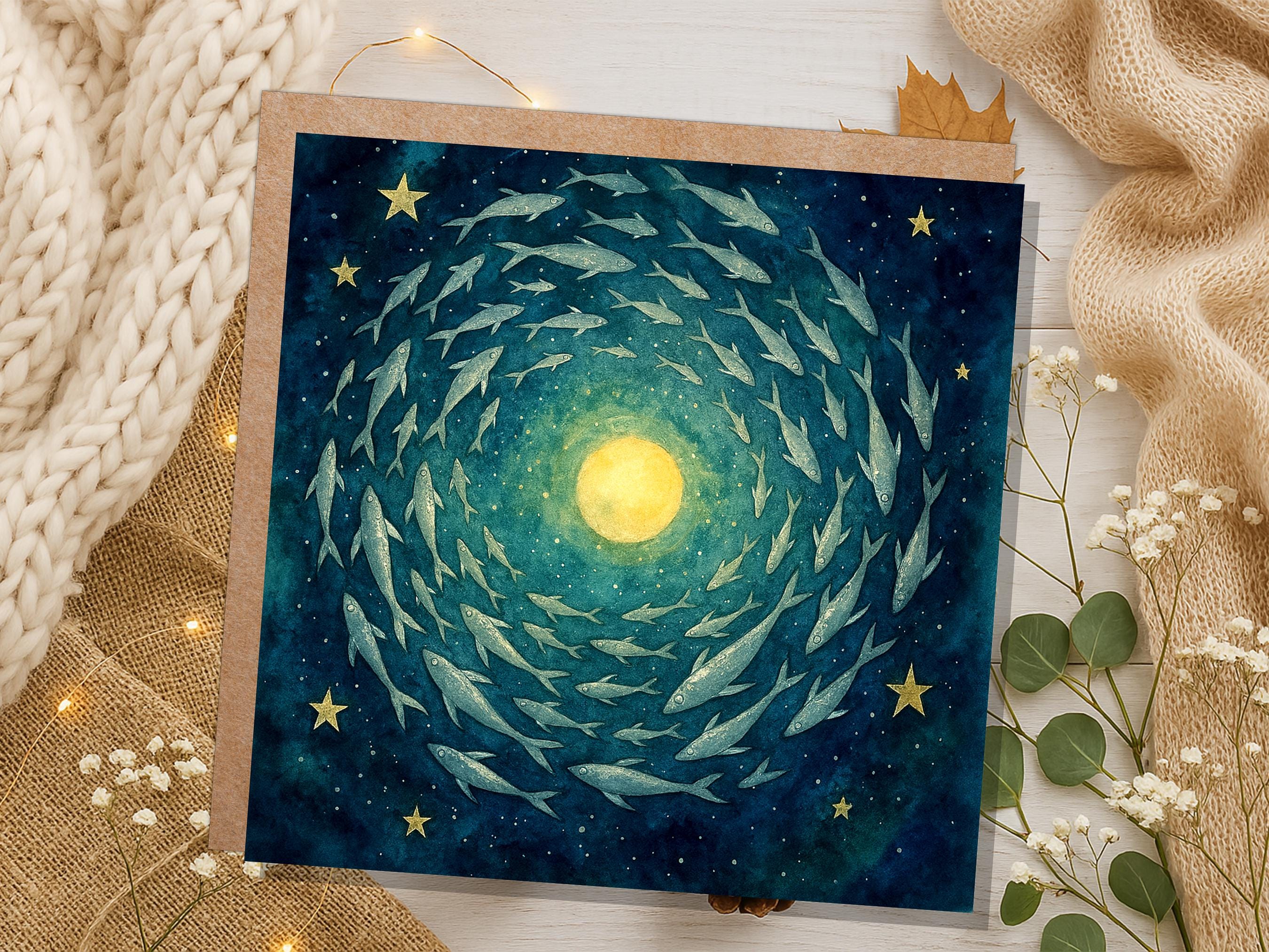 Moon Fish Greeting Card Starry Night Sky Watercolour Art Celestial Spiritual Pagan Witchy Birthday Any Occasion Card - View 2