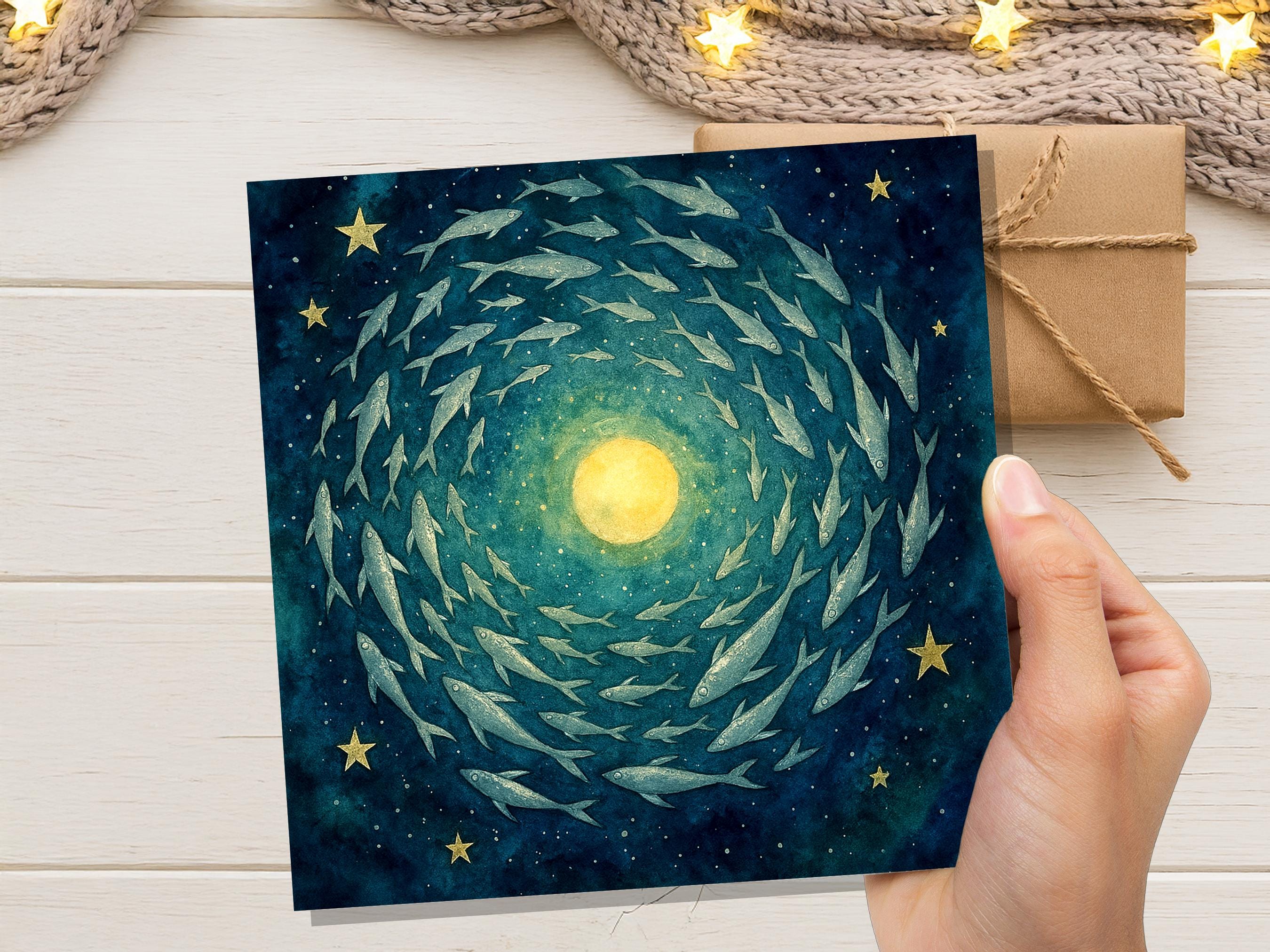 Moon Fish Greeting Card Starry Night Sky Watercolour Art Celestial Spiritual Pagan Witchy Birthday Any Occasion Card - View 9