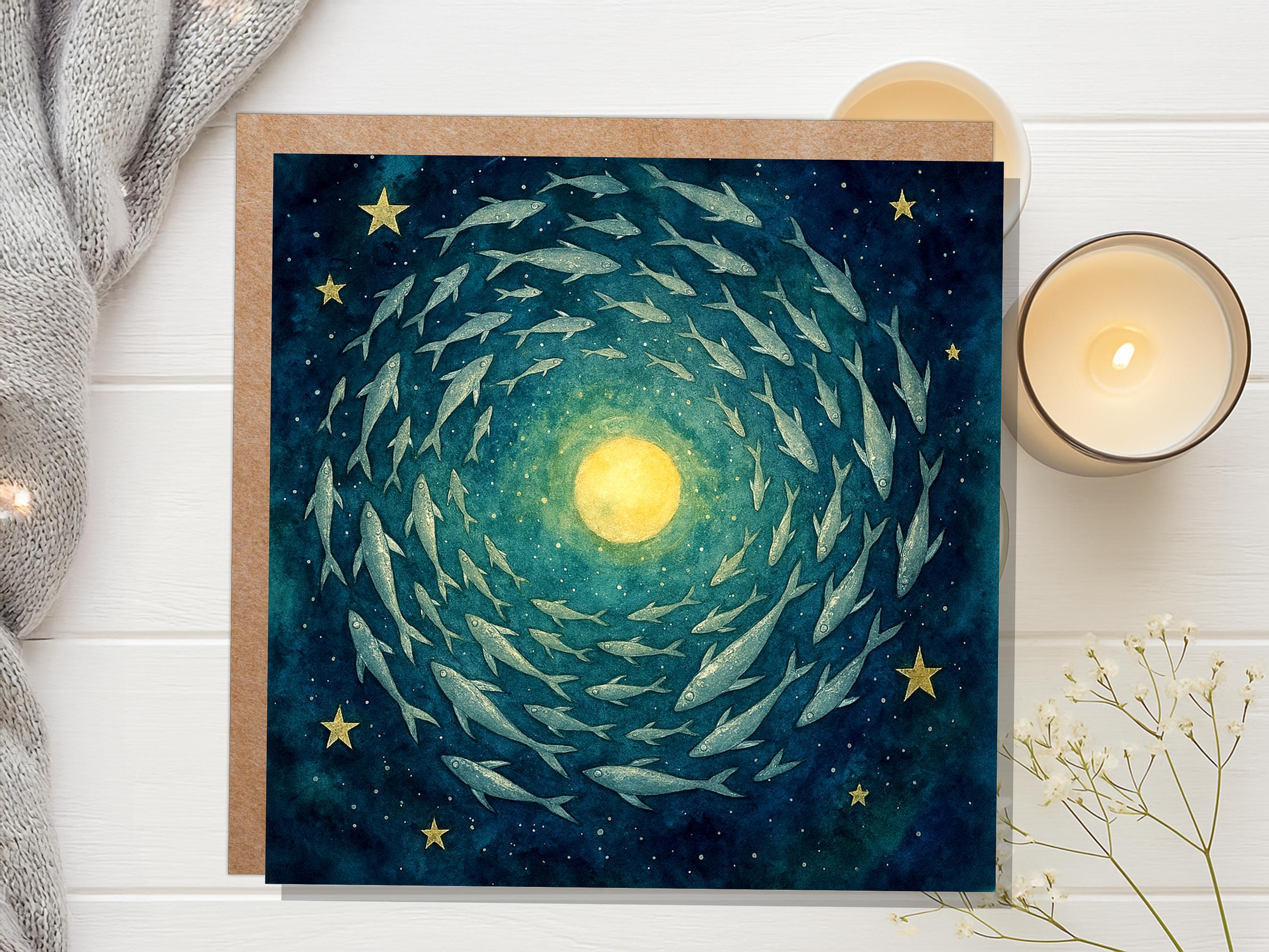 Moon Fish Greeting Card Starry Night Sky Watercolour Art Celestial Spiritual Pagan Witchy Birthday Any Occasion Card - View 3