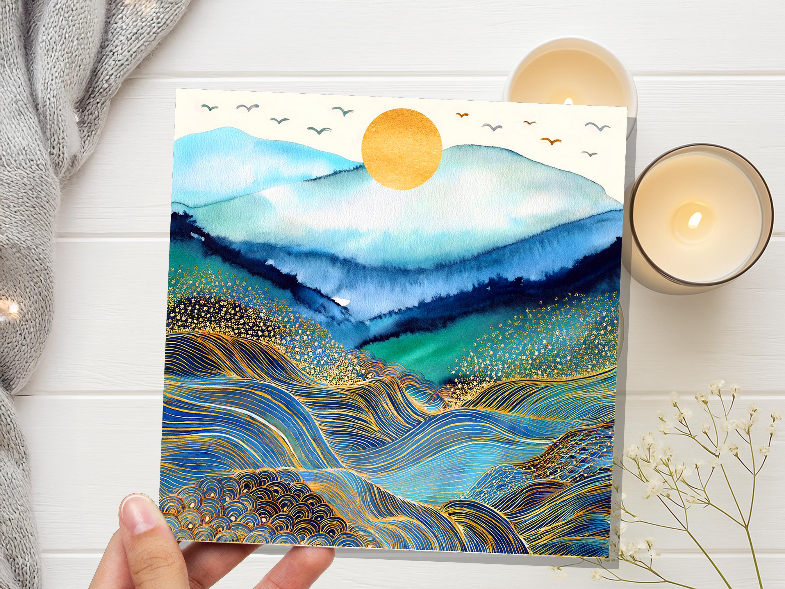Watercolour Mountain Sun Greeting Card, Gold Ocean Waves Rolling Hills Art, Blue Abstract Landscape Celestial Nature Lover Gift Any Occasion - View 3