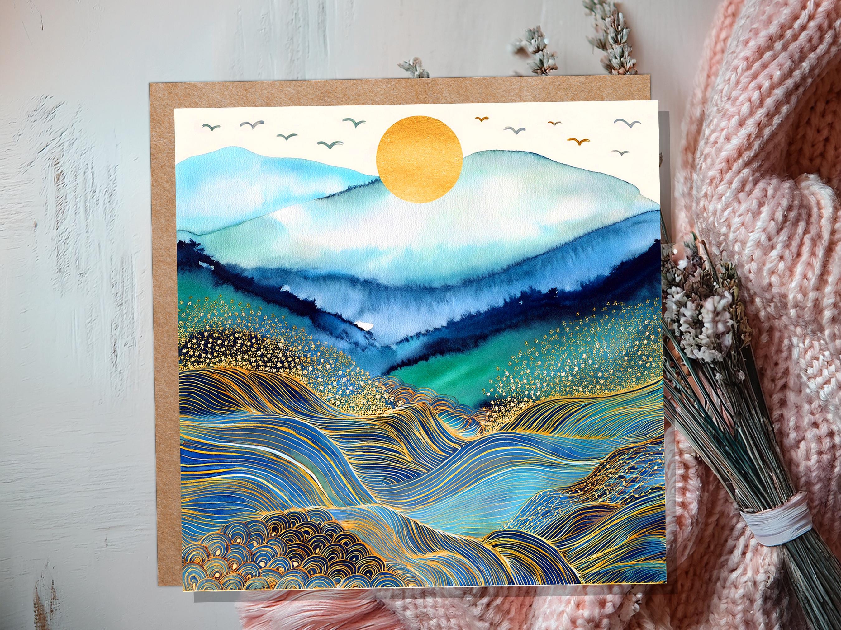 Watercolour Mountain Sun Greeting Card, Gold Ocean Waves Rolling Hills Art, Blue Abstract Landscape Celestial Nature Lover Gift Any Occasion - View 5