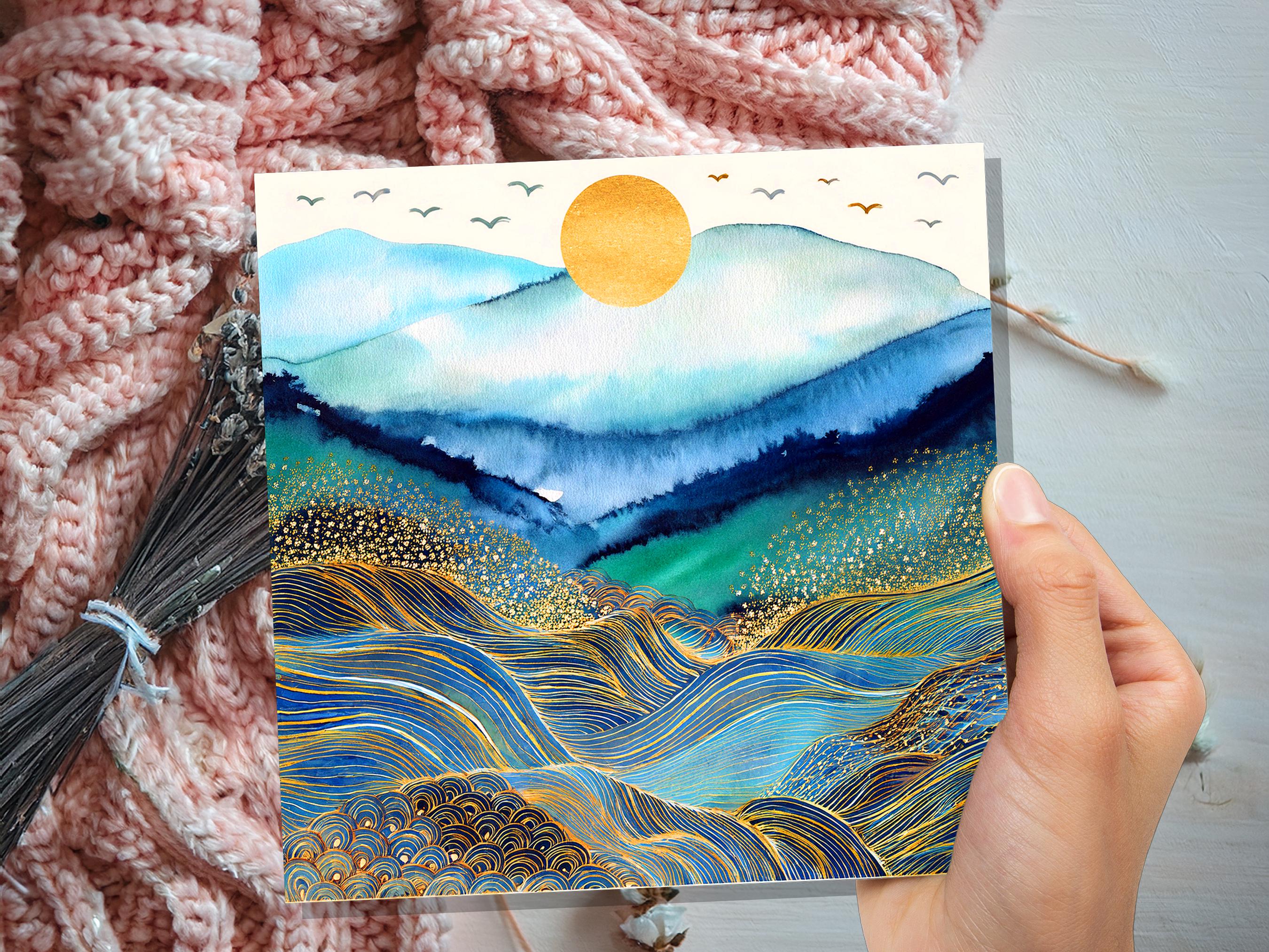 Watercolour Mountain Sun Greeting Card, Gold Ocean Waves Rolling Hills Art, Blue Abstract Landscape Celestial Nature Lover Gift Any Occasion - View 9