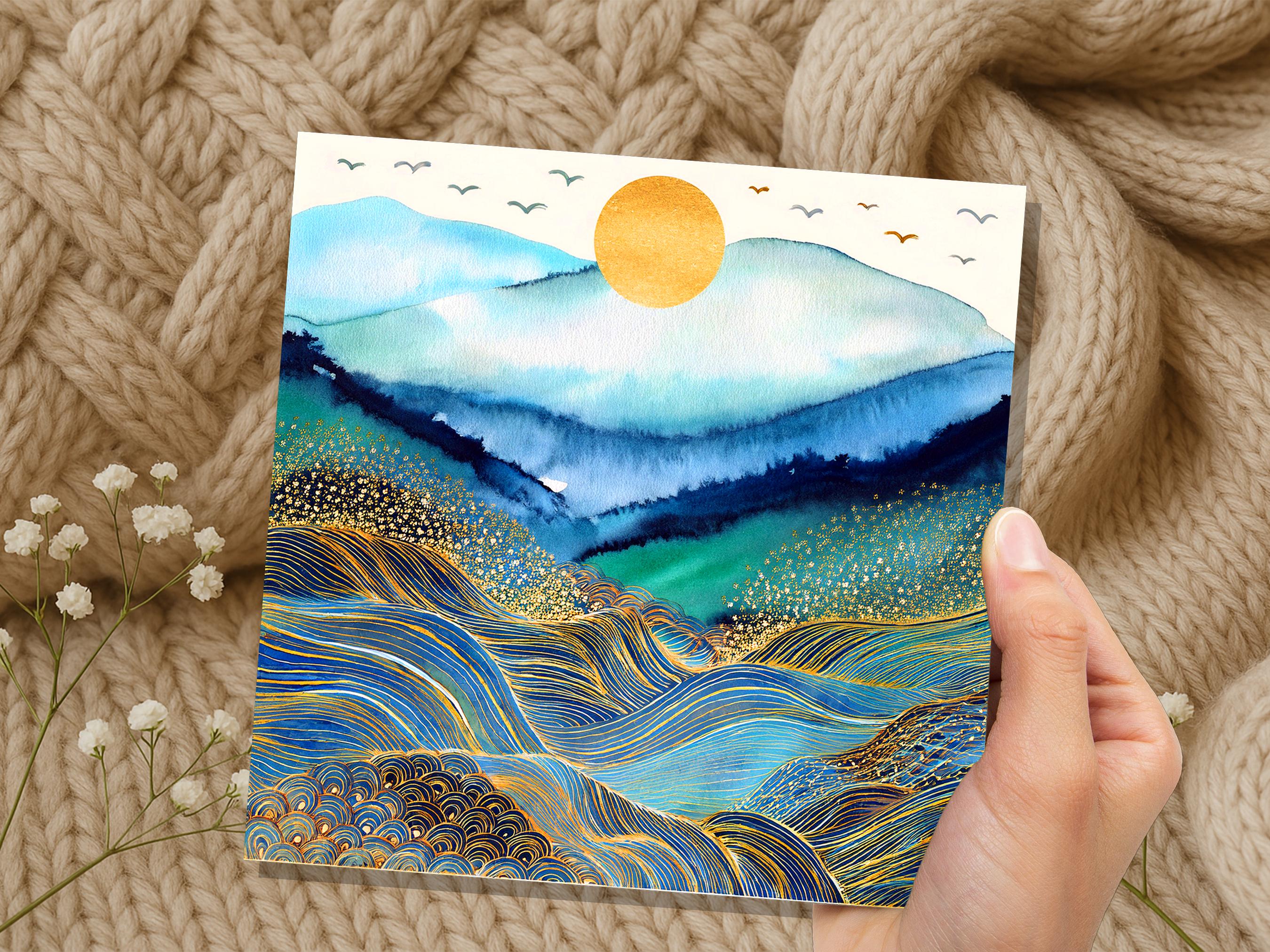 Watercolour Mountain Sun Greeting Card, Gold Ocean Waves Rolling Hills Art, Blue Abstract Landscape Celestial Nature Lover Gift Any Occasion - View 7
