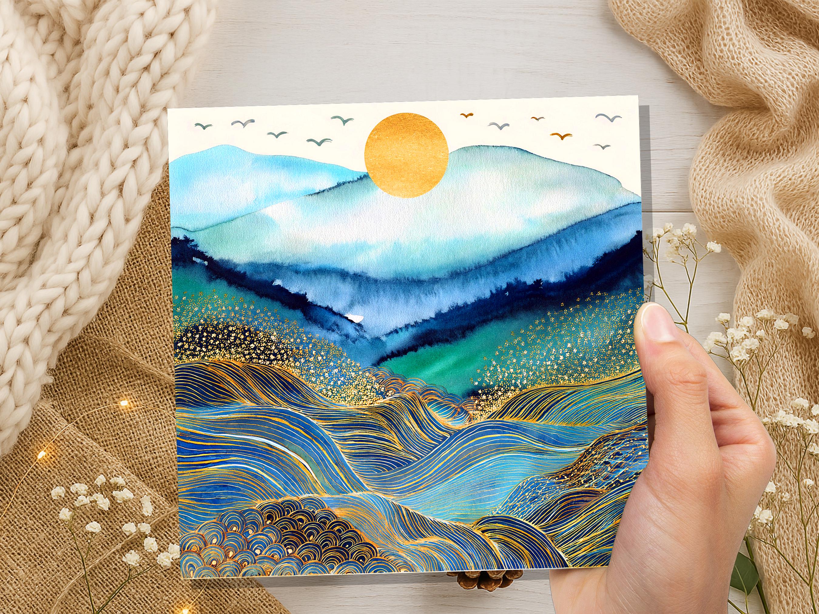 Watercolour Mountain Sun Greeting Card, Gold Ocean Waves Rolling Hills Art, Blue Abstract Landscape Celestial Nature Lover Gift Any Occasion - View 8