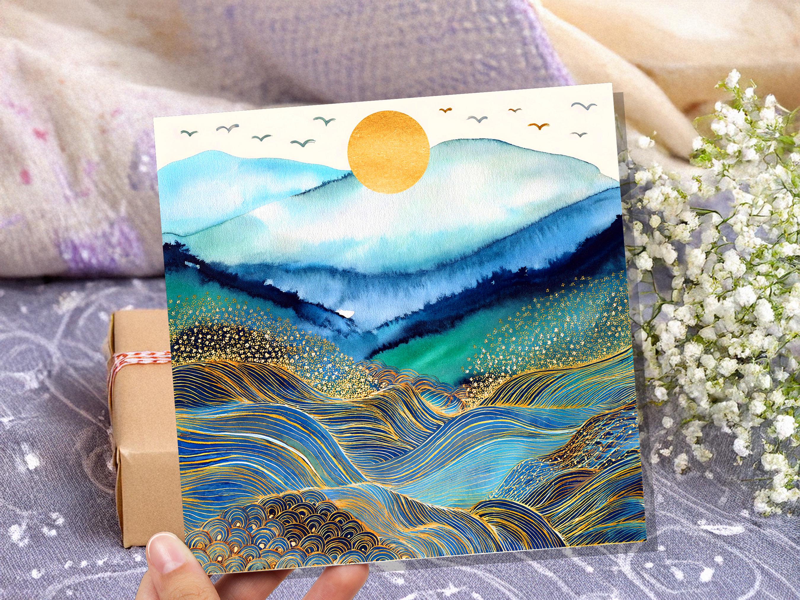 Watercolour Mountain Sun Greeting Card, Gold Ocean Waves Rolling Hills Art, Blue Abstract Landscape Celestial Nature Lover Gift Any Occasion - View 6