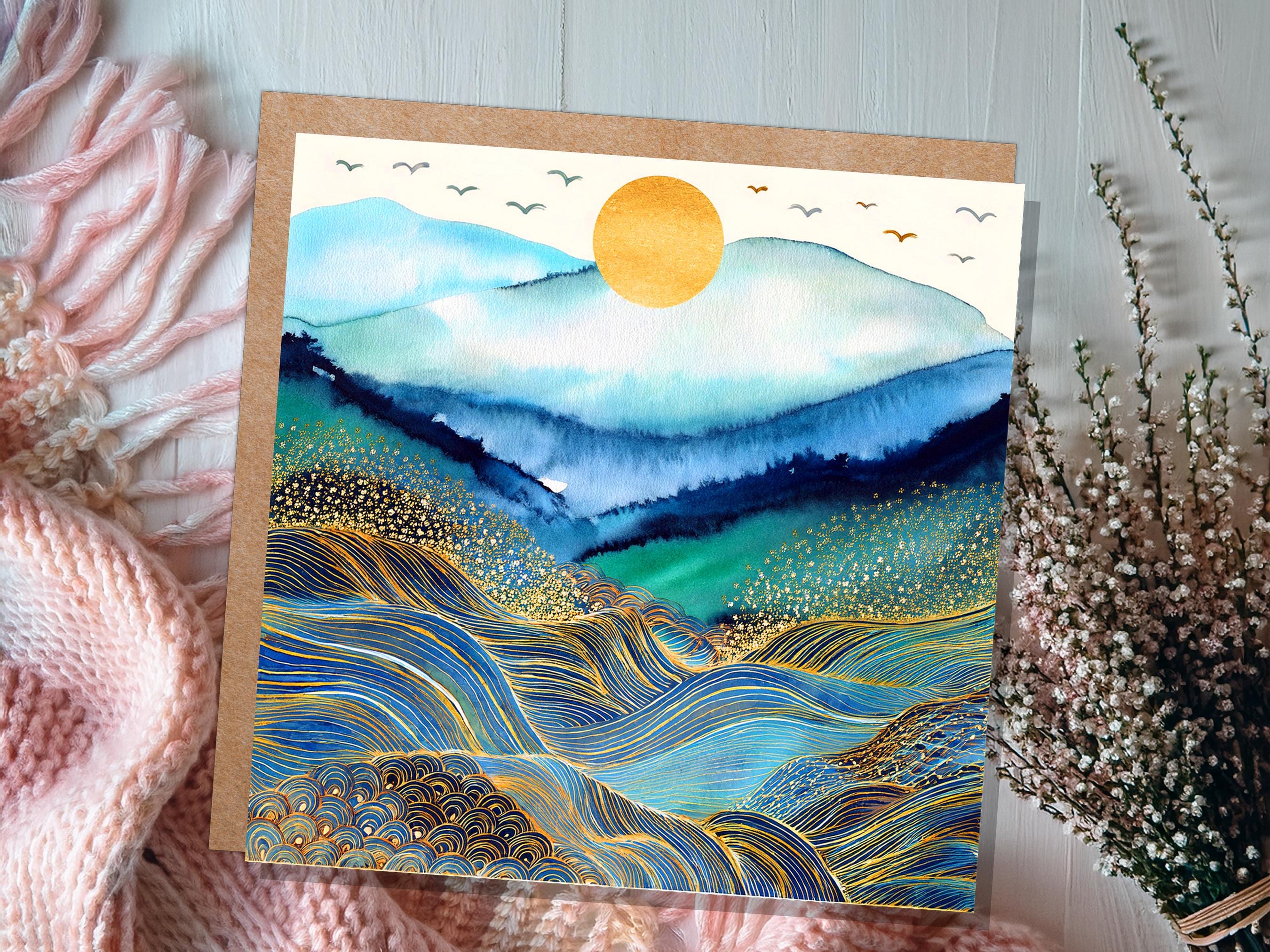 Watercolour Mountain Sun Greeting Card, Gold Ocean Waves Rolling Hills Art, Blue Abstract Landscape Celestial Nature Lover Gift Any Occasion - View 4