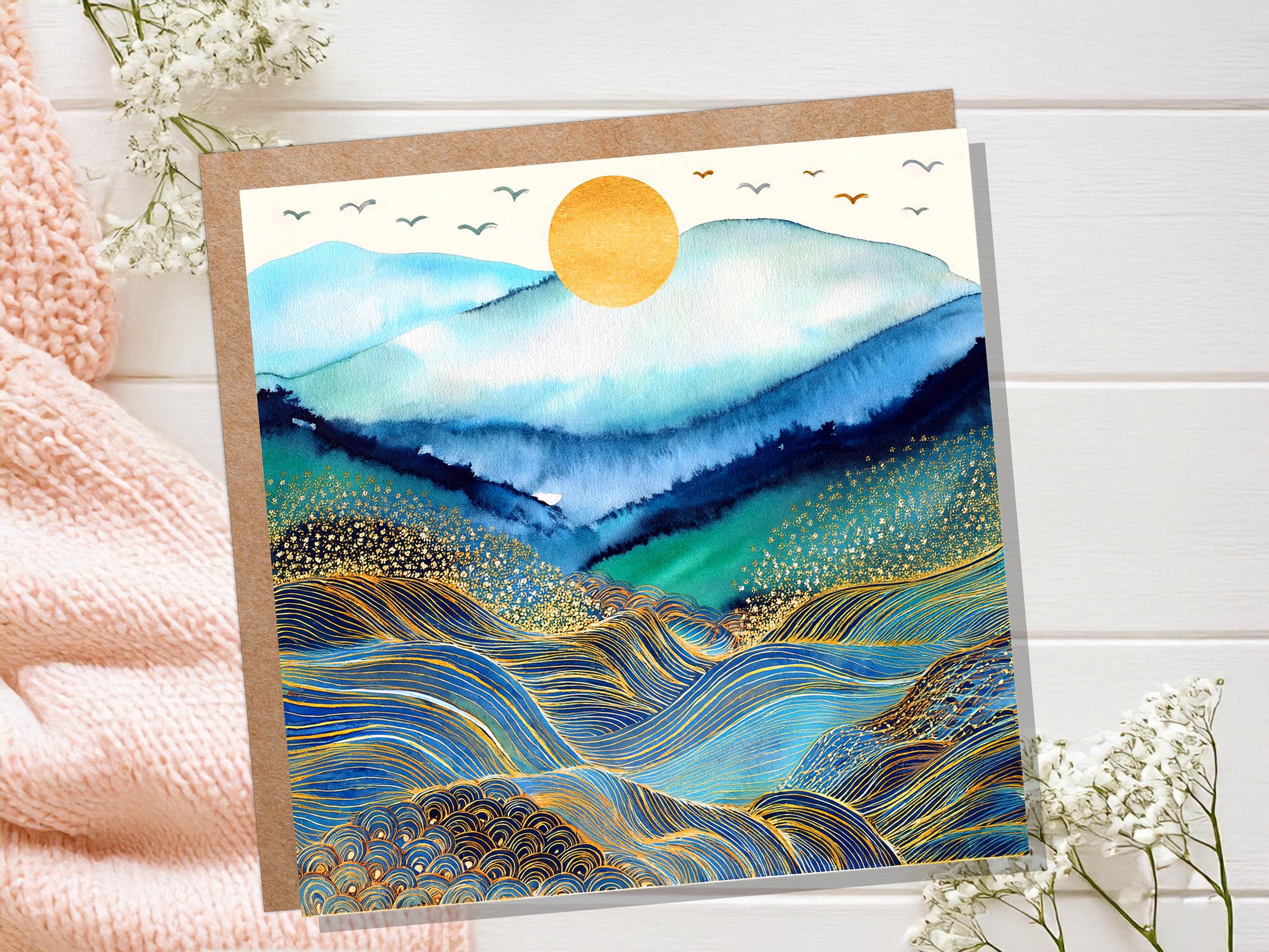 Watercolour Mountain Sun Greeting Card, Gold Ocean Waves Rolling Hills Art, Blue Abstract Landscape Celestial Nature Lover Gift Any Occasion - View 2