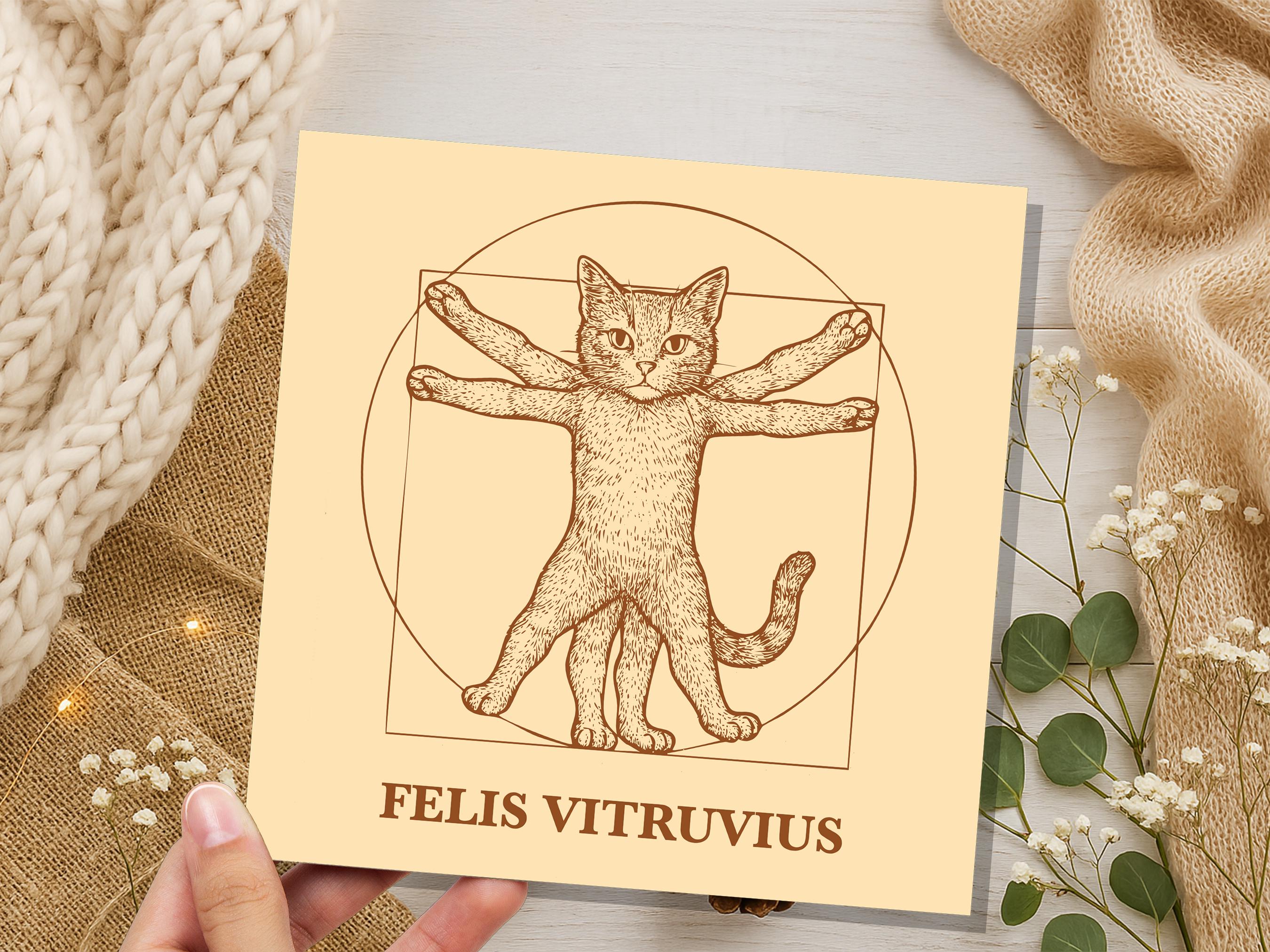 Felis Vitruvius Card | Unique Funny Vitruvian Man Art Parody | Greeting Card for Art History Cat Lovers Leonardo Da Vinci Humour Artist Gift - View 2
