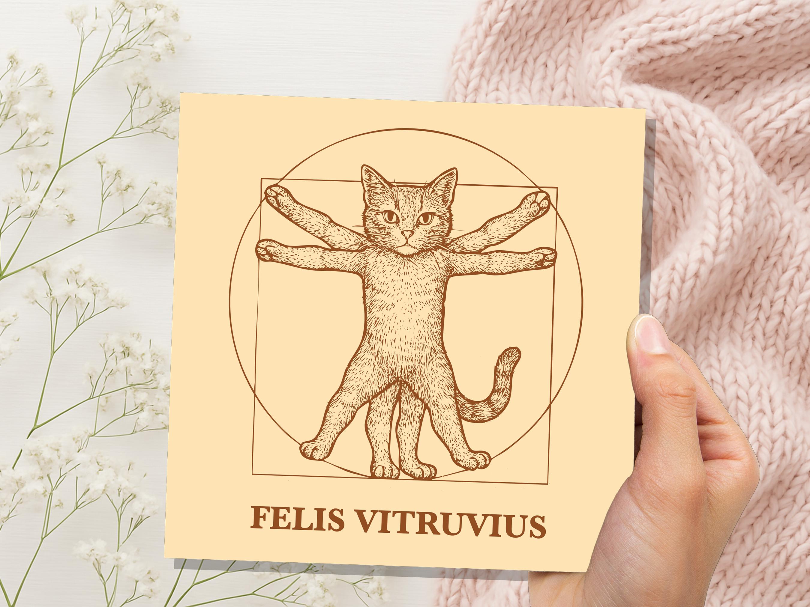 Felis Vitruvius Card | Unique Funny Vitruvian Man Art Parody | Greeting Card for Art History Cat Lovers Leonardo Da Vinci Humour Artist Gift - View 3