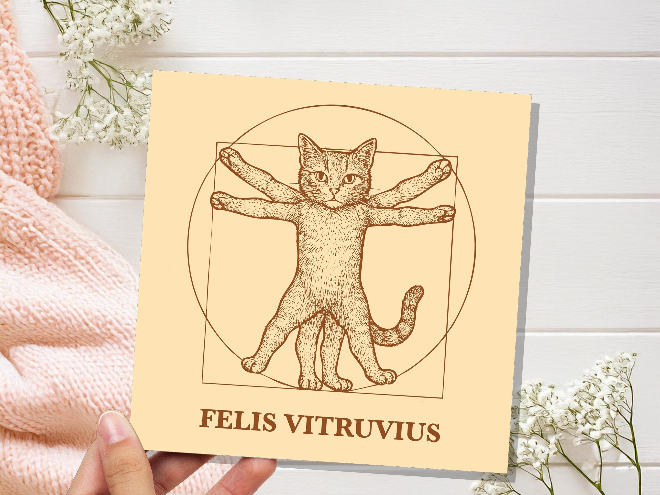 Felis Vitruvius Card | Unique Funny Vitruvian Man Art Parody | Greeting Card for Art History Cat Lovers Leonardo Da Vinci Humour Artist Gift