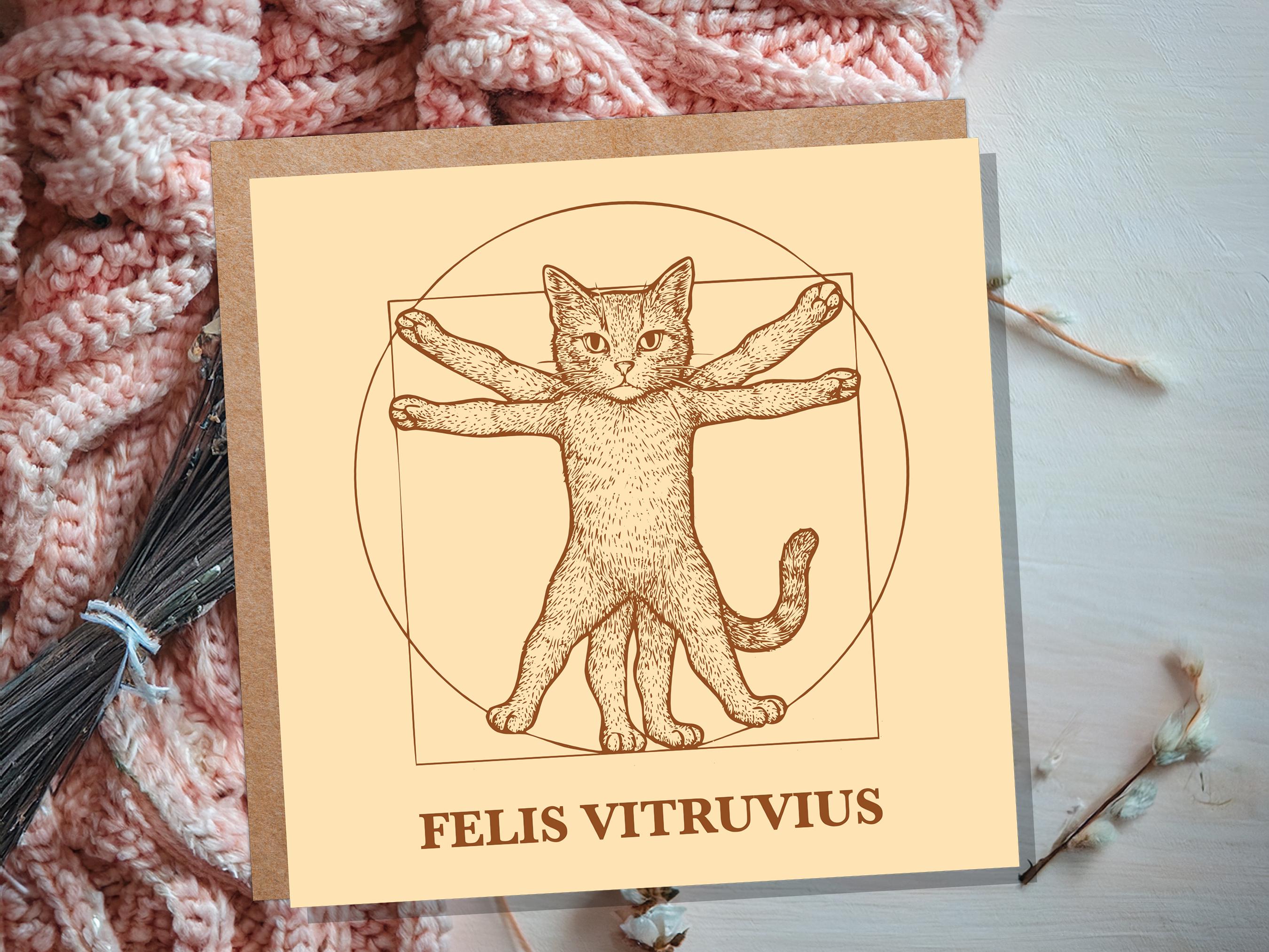 Felis Vitruvius Card | Unique Funny Vitruvian Man Art Parody | Greeting Card for Art History Cat Lovers Leonardo Da Vinci Humour Artist Gift - View 5