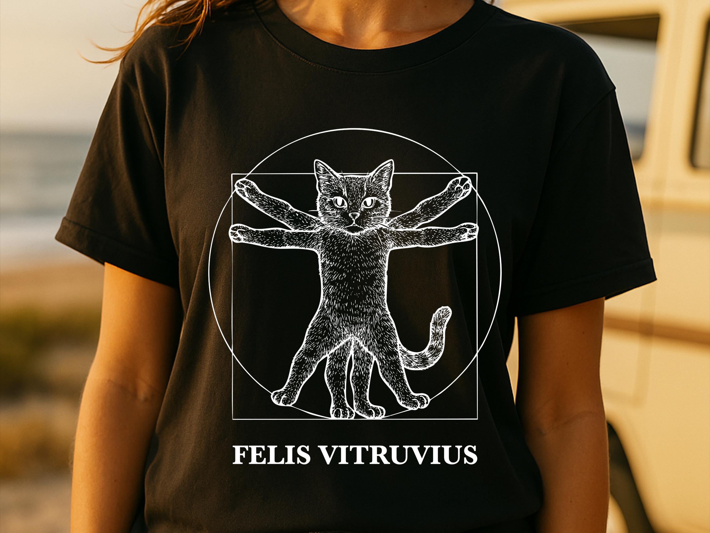 Vitruvian Cat Shirt | Funny Da Vinci Art Parody Tee for Art History Buff & Cat Lovers | Clever Cat Gift | Renaissance Sketch Felis Vitruvius - View 3