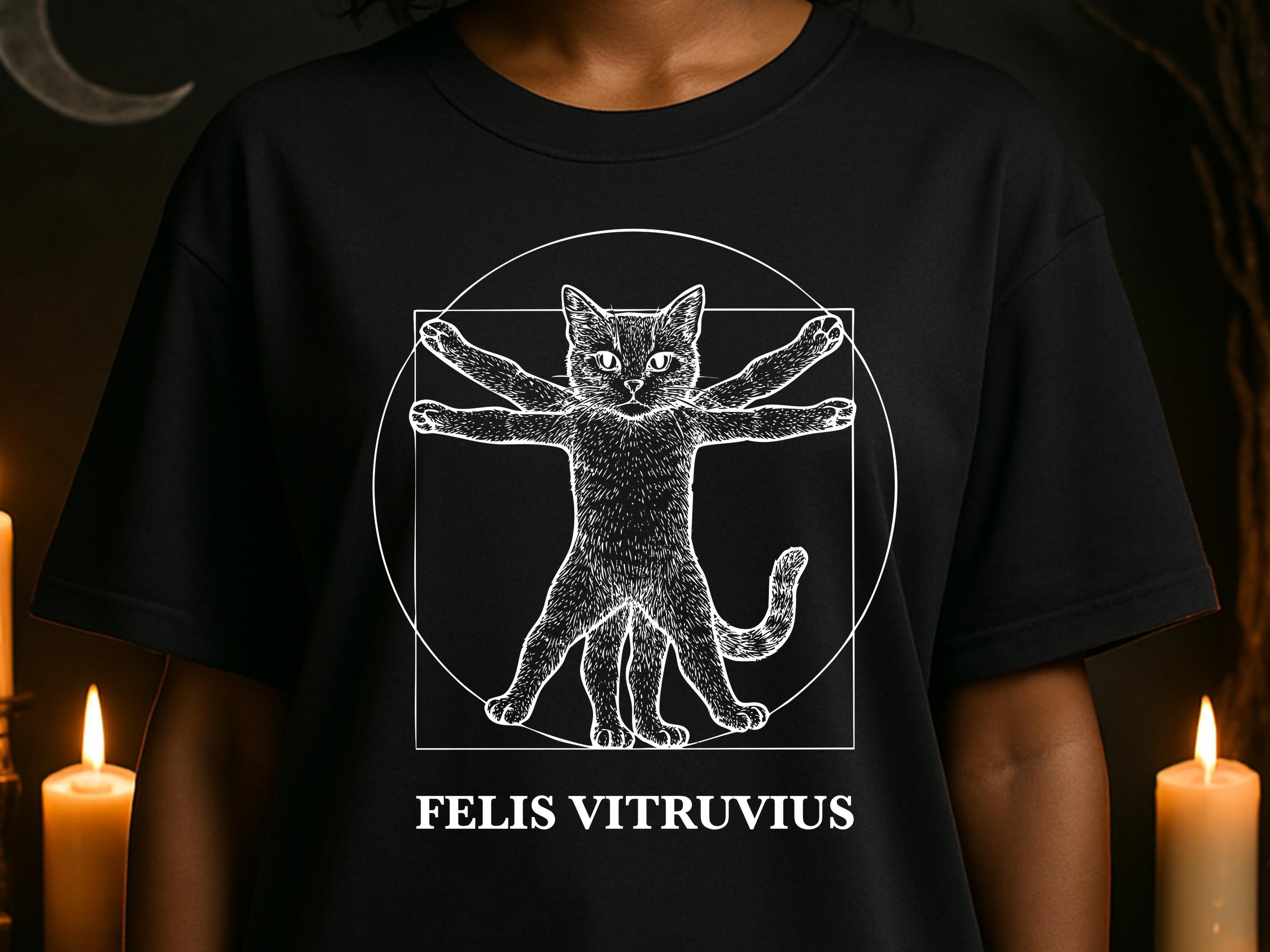 Vitruvian Cat Shirt | Funny Da Vinci Art Parody Tee for Art History Buff & Cat Lovers | Clever Cat Gift | Renaissance Sketch Felis Vitruvius - View 5