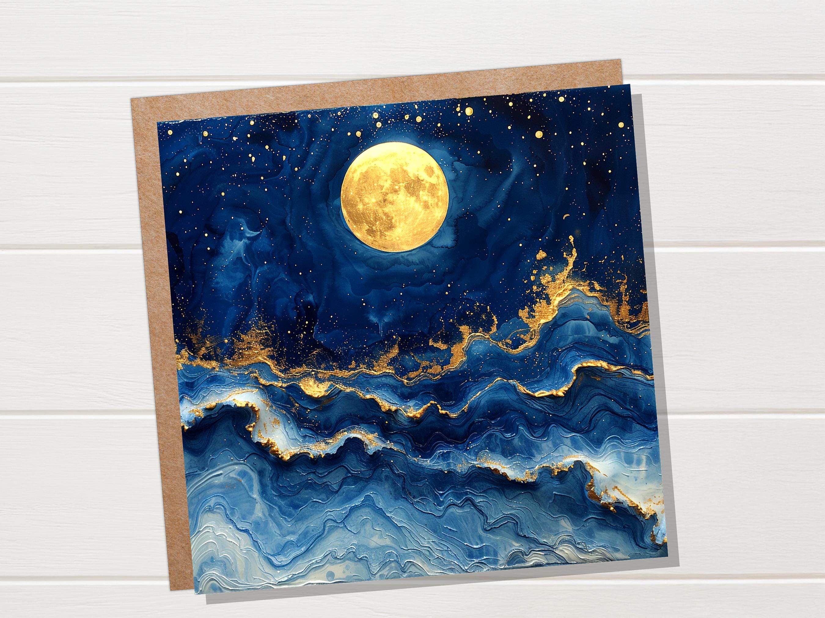 Full Moon Greeting Card | Magical Night Sky | Abstract Art Card | Thinking Of You | Nature Lover Gift | Any Occasion | Painterly Blue Gold