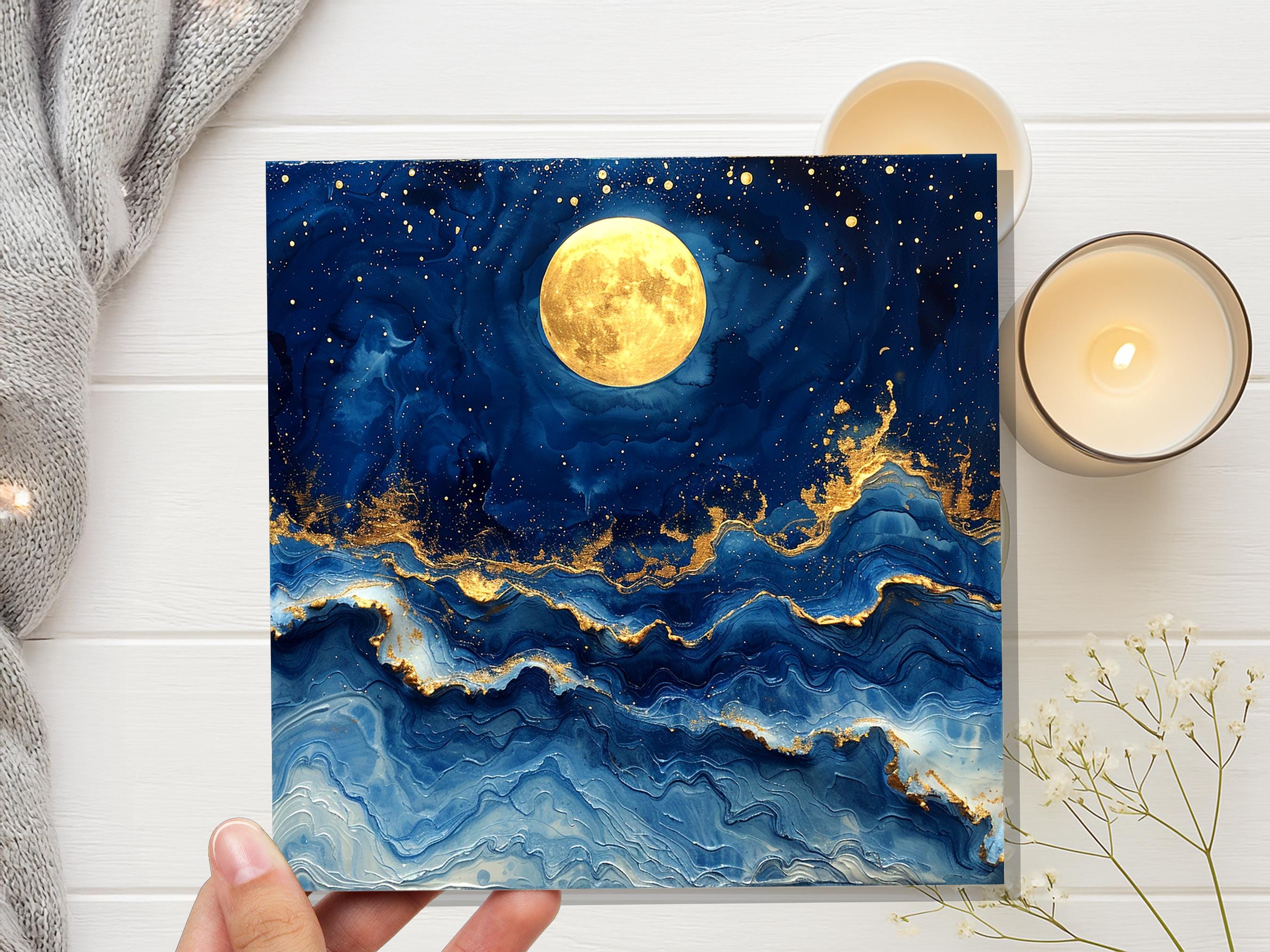 Full Moon Greeting Card | Magical Night Sky | Abstract Art Card | Thinking Of You | Nature Lover Gift | Any Occasion | Painterly Blue Gold - View 7