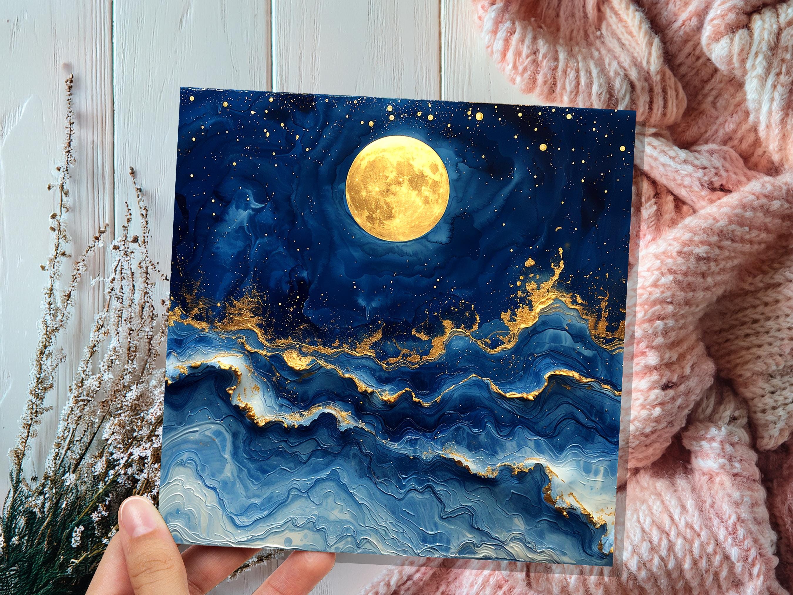 Full Moon Greeting Card | Magical Night Sky | Abstract Art Card | Thinking Of You | Nature Lover Gift | Any Occasion | Painterly Blue Gold - View 6