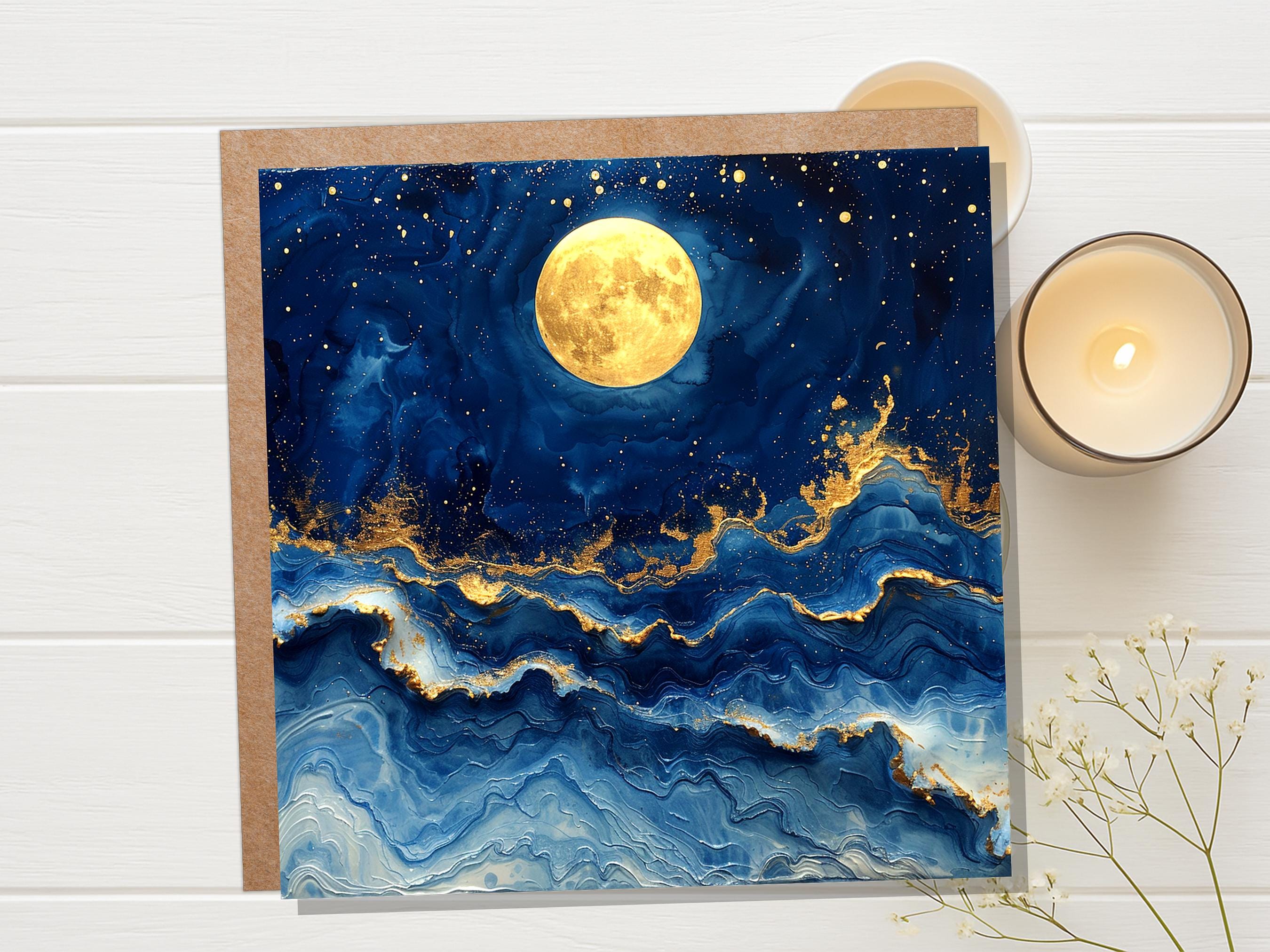 Full Moon Greeting Card | Magical Night Sky | Abstract Art Card | Thinking Of You | Nature Lover Gift | Any Occasion | Painterly Blue Gold - View 4