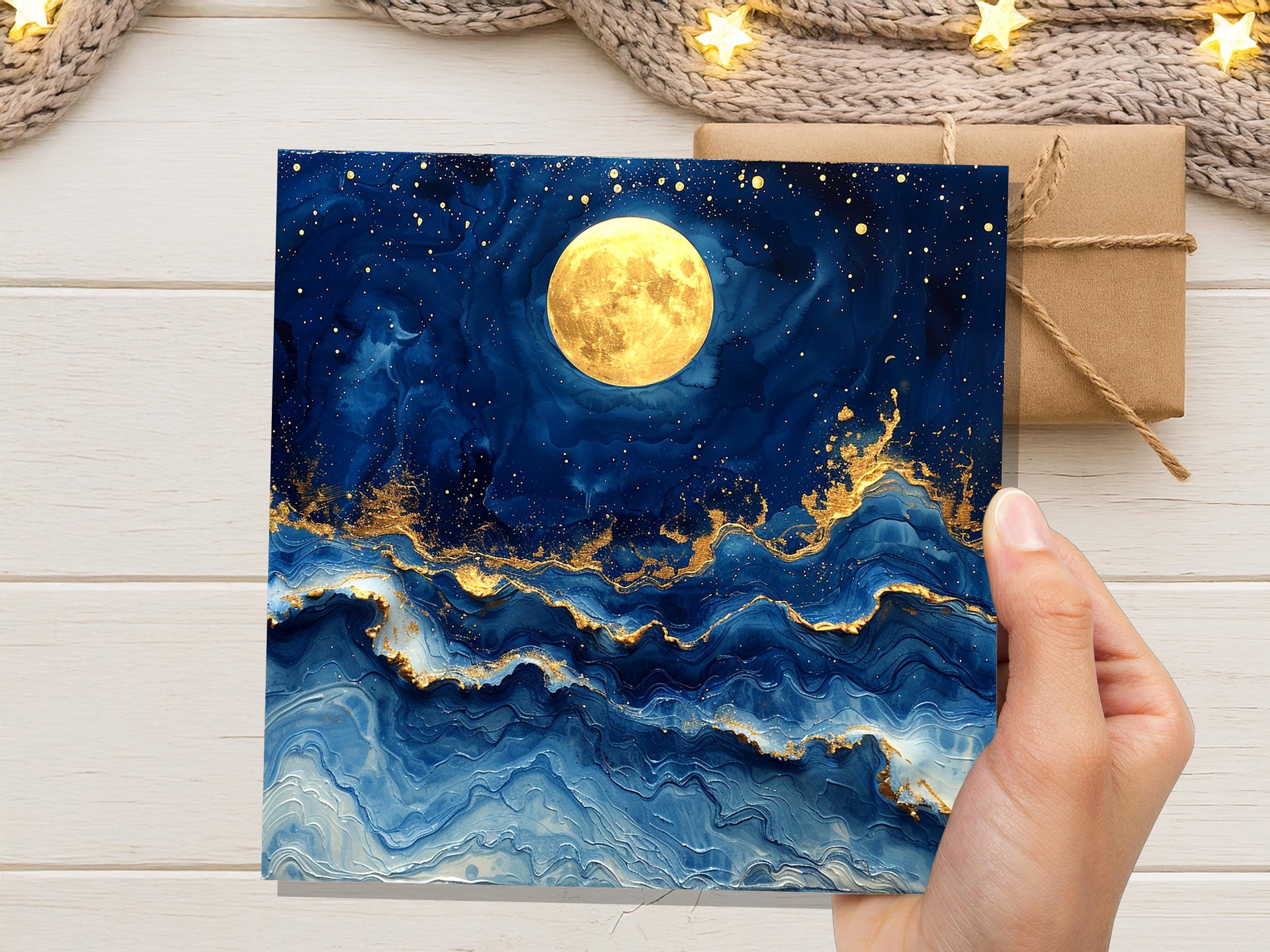 Full Moon Greeting Card | Magical Night Sky | Abstract Art Card | Thinking Of You | Nature Lover Gift | Any Occasion | Painterly Blue Gold - View 3