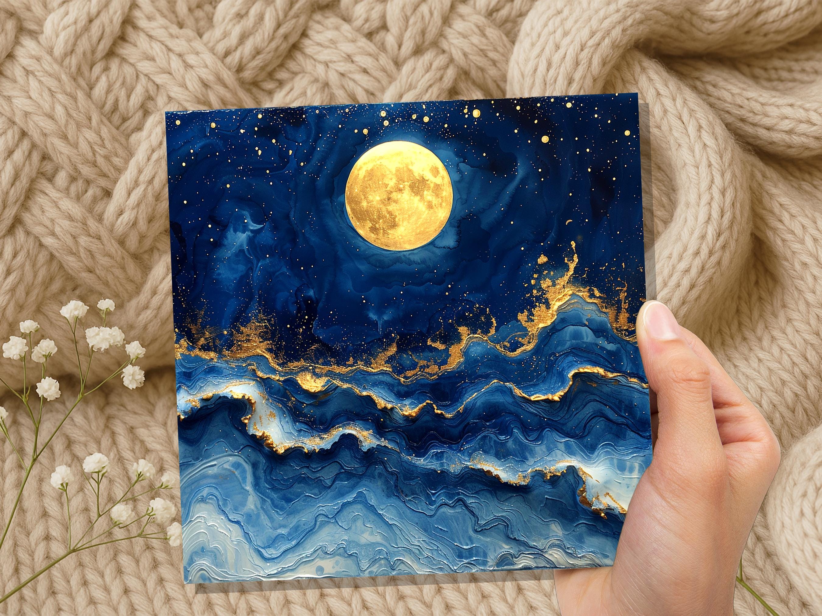 Full Moon Greeting Card | Magical Night Sky | Abstract Art Card | Thinking Of You | Nature Lover Gift | Any Occasion | Painterly Blue Gold - View 9