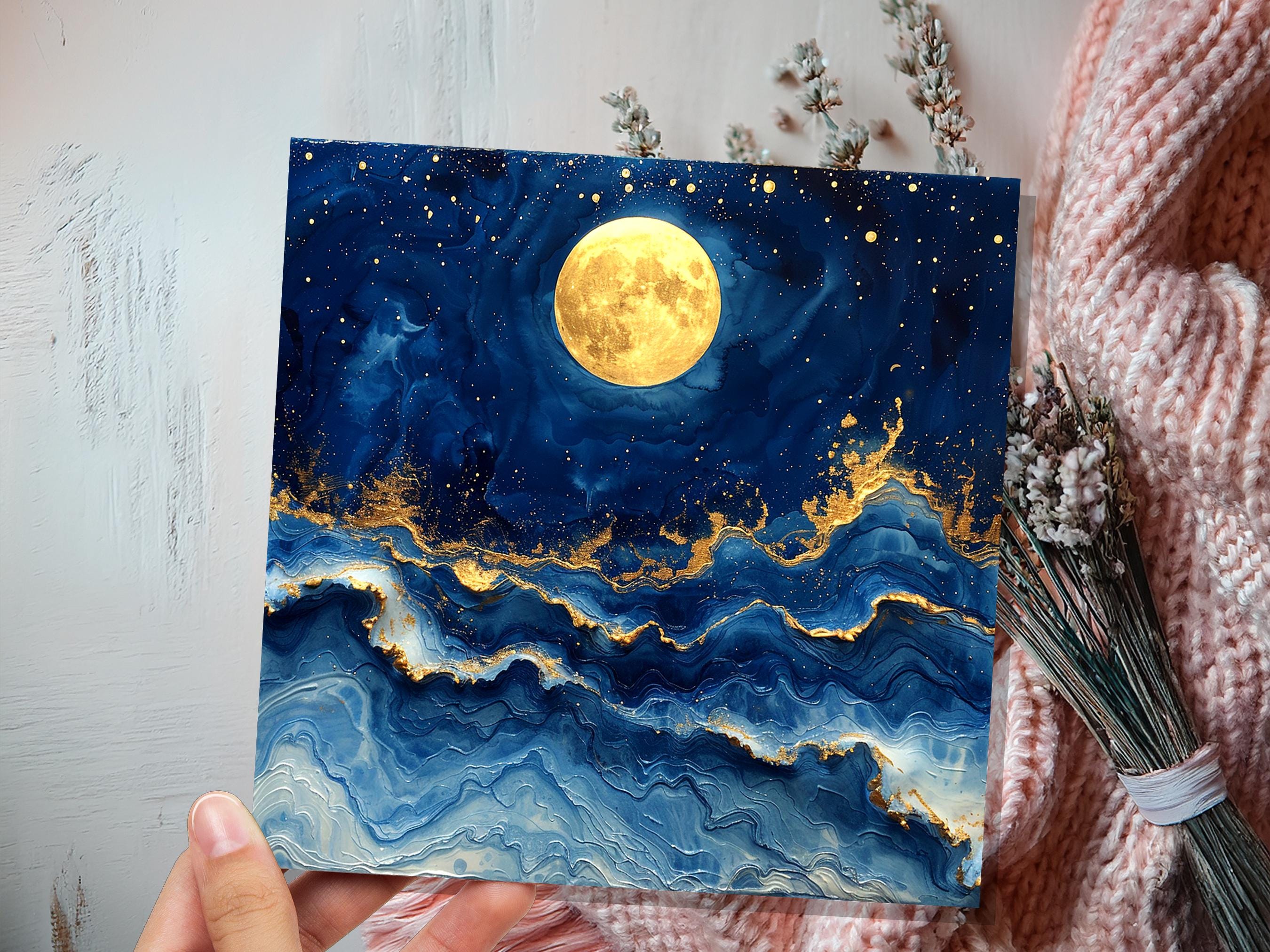 Full Moon Greeting Card | Magical Night Sky | Abstract Art Card | Thinking Of You | Nature Lover Gift | Any Occasion | Painterly Blue Gold - View 8