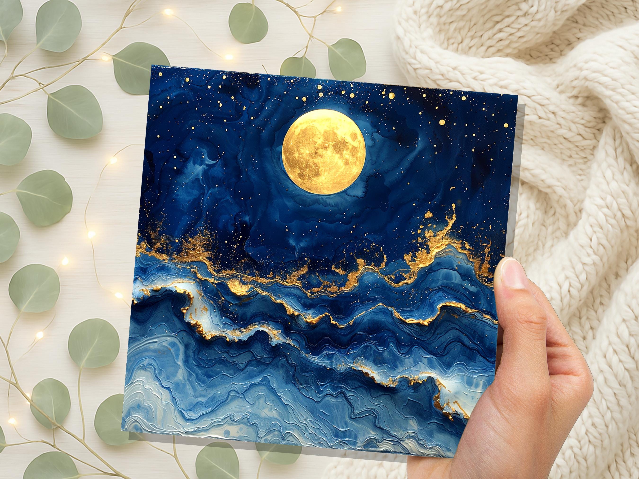 Full Moon Greeting Card | Magical Night Sky | Abstract Art Card | Thinking Of You | Nature Lover Gift | Any Occasion | Painterly Blue Gold - View 2