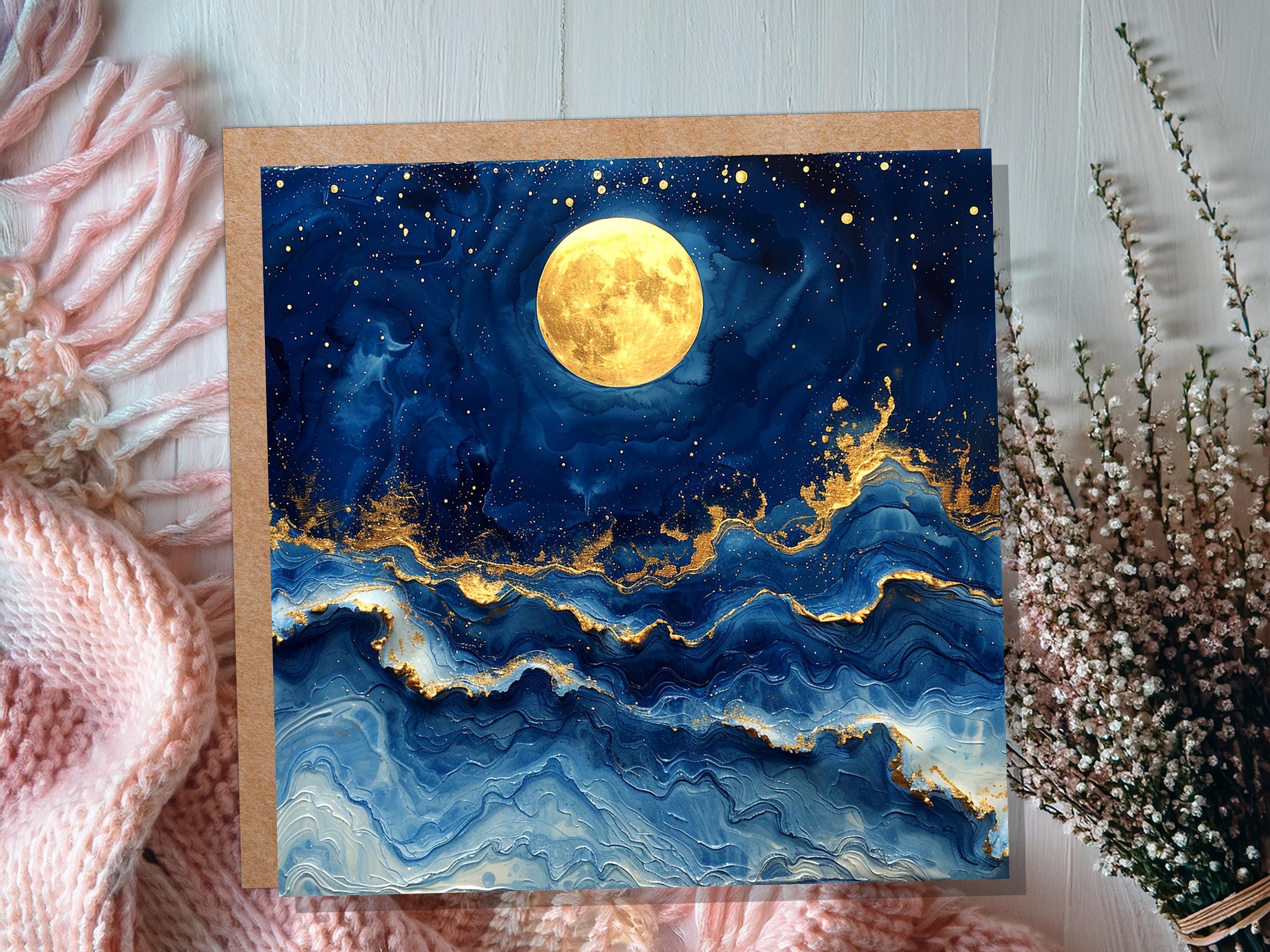 Full Moon Greeting Card | Magical Night Sky | Abstract Art Card | Thinking Of You | Nature Lover Gift | Any Occasion | Painterly Blue Gold - View 5