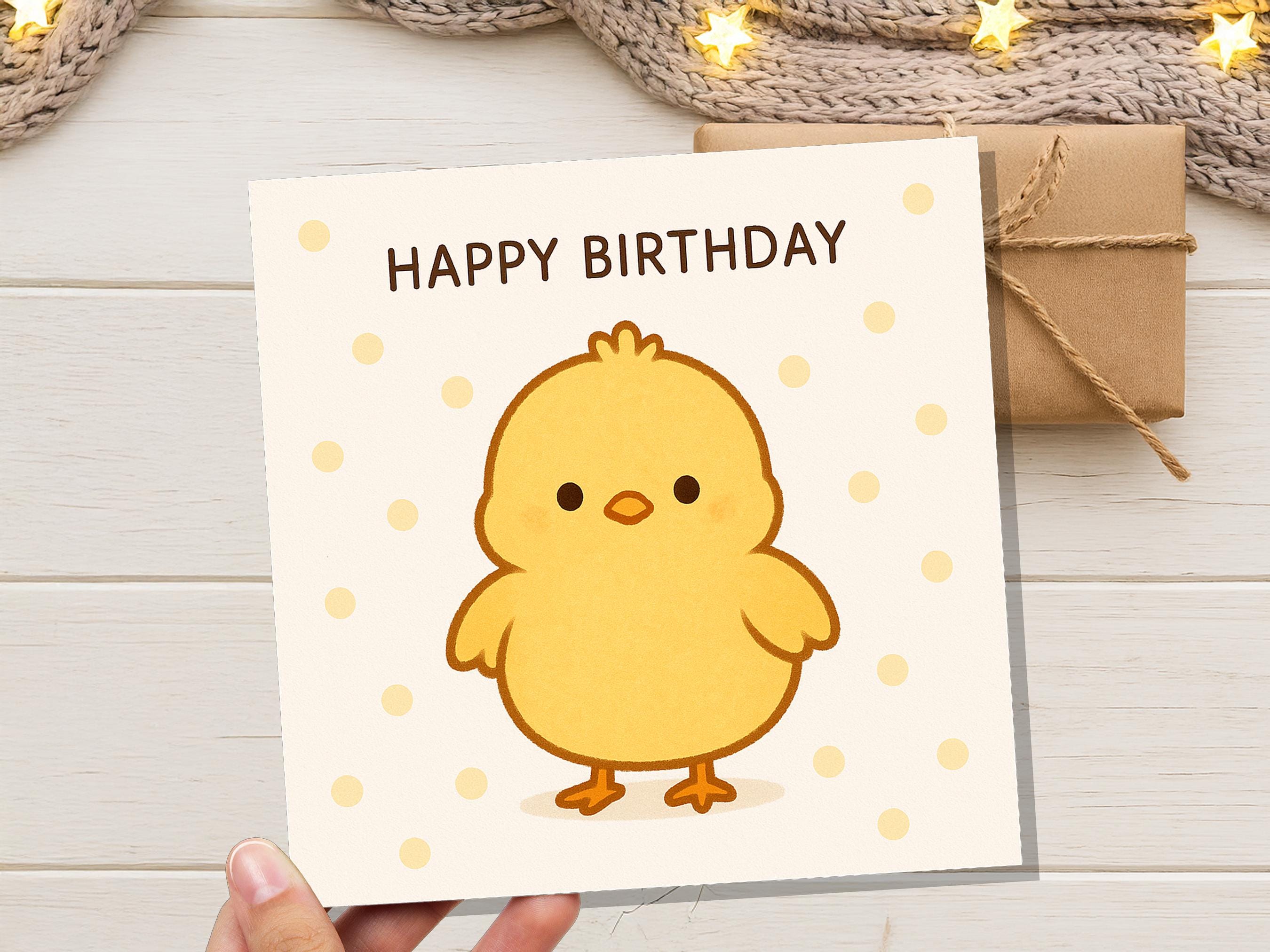 Cute Happy Birthday Chick Card, Kawaii Baby Bird Illustration, Kids Bday Greeting, Sweet Fluffy Yellow Chook for Child, Simple Cartoon Art - View 7