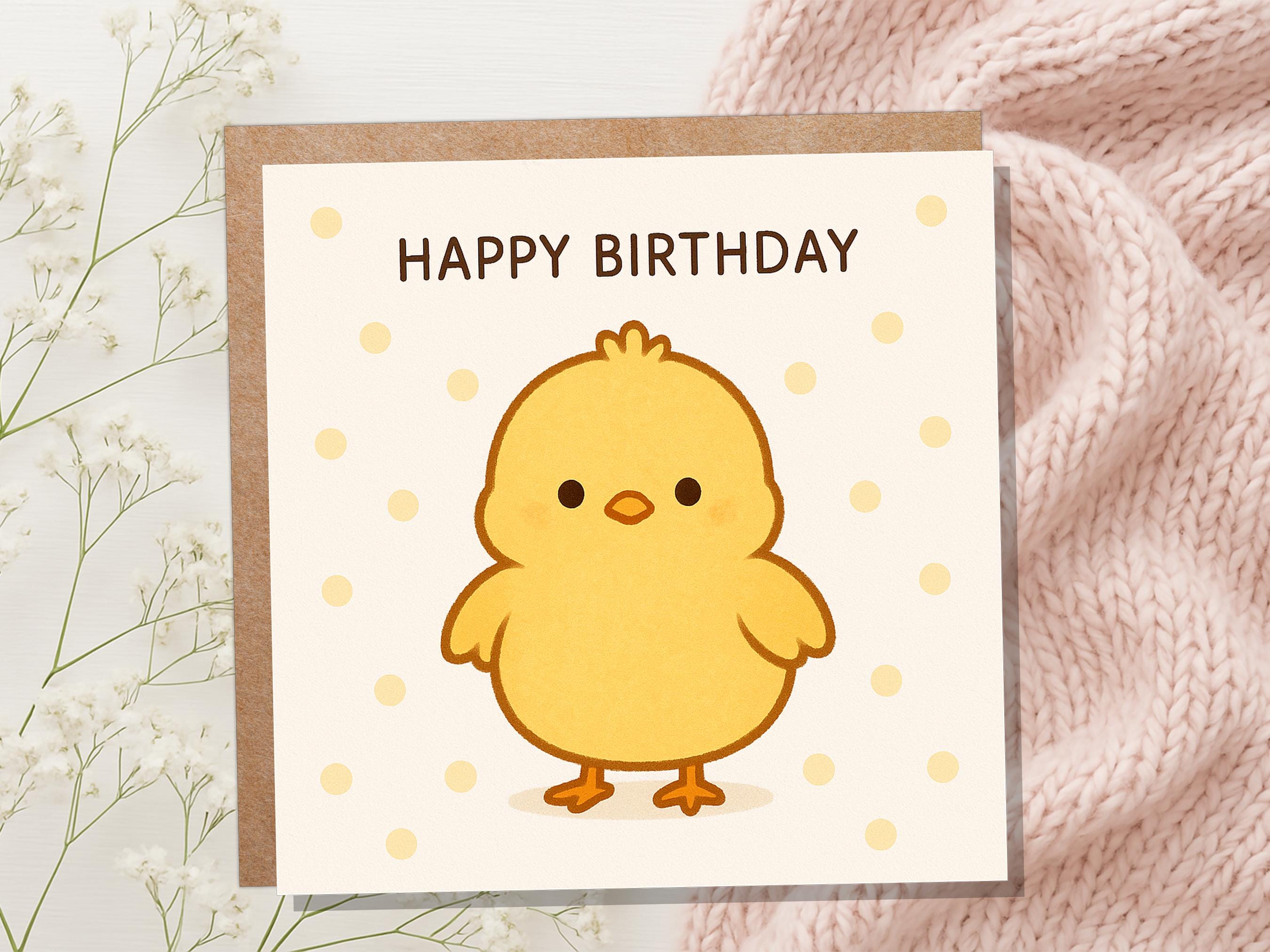 Cute Happy Birthday Chick Card, Kawaii Baby Bird Illustration, Kids Bday Greeting, Sweet Fluffy Yellow Chook for Child, Simple Cartoon Art - View 2