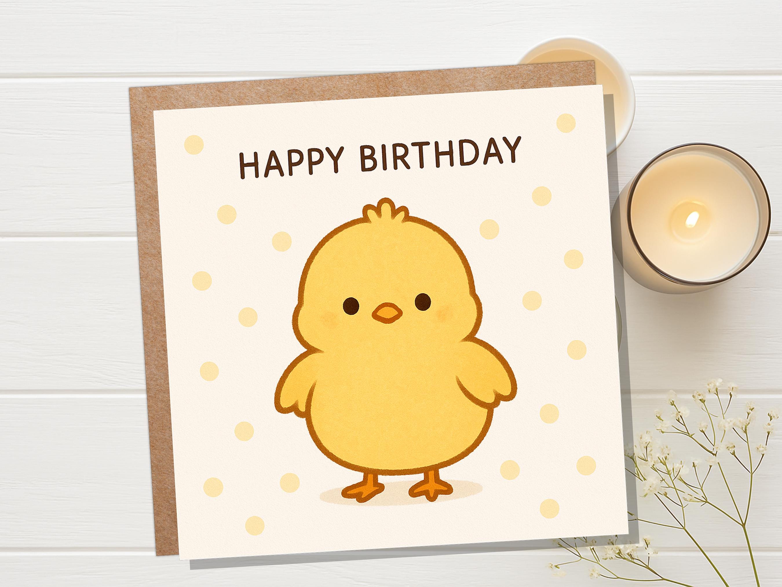 Cute Happy Birthday Chick Card, Kawaii Baby Bird Illustration, Kids Bday Greeting, Sweet Fluffy Yellow Chook for Child, Simple Cartoon Art - View 4