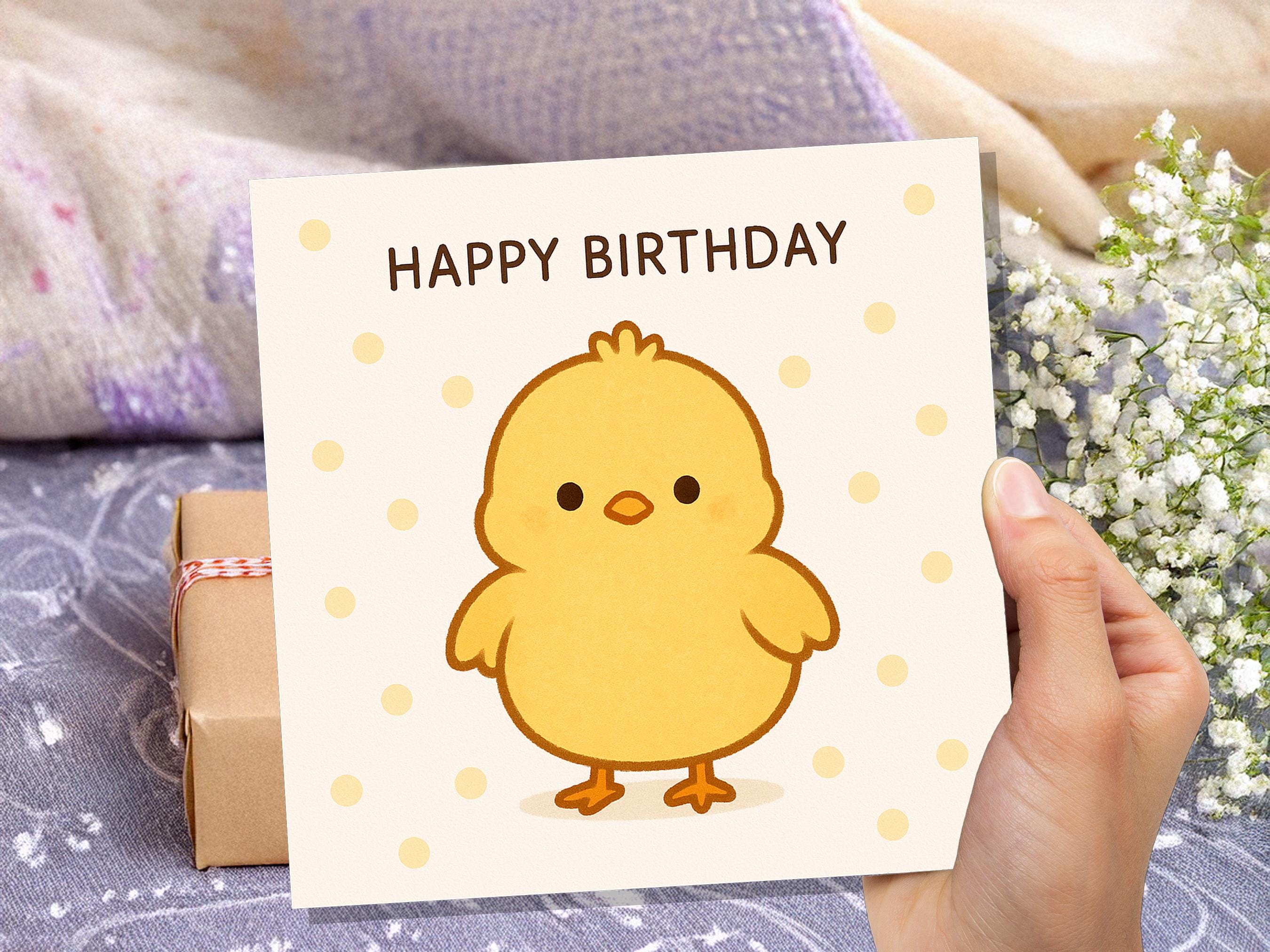 Cute Happy Birthday Chick Card, Kawaii Baby Bird Illustration, Kids Bday Greeting, Sweet Fluffy Yellow Chook for Child, Simple Cartoon Art - View 8