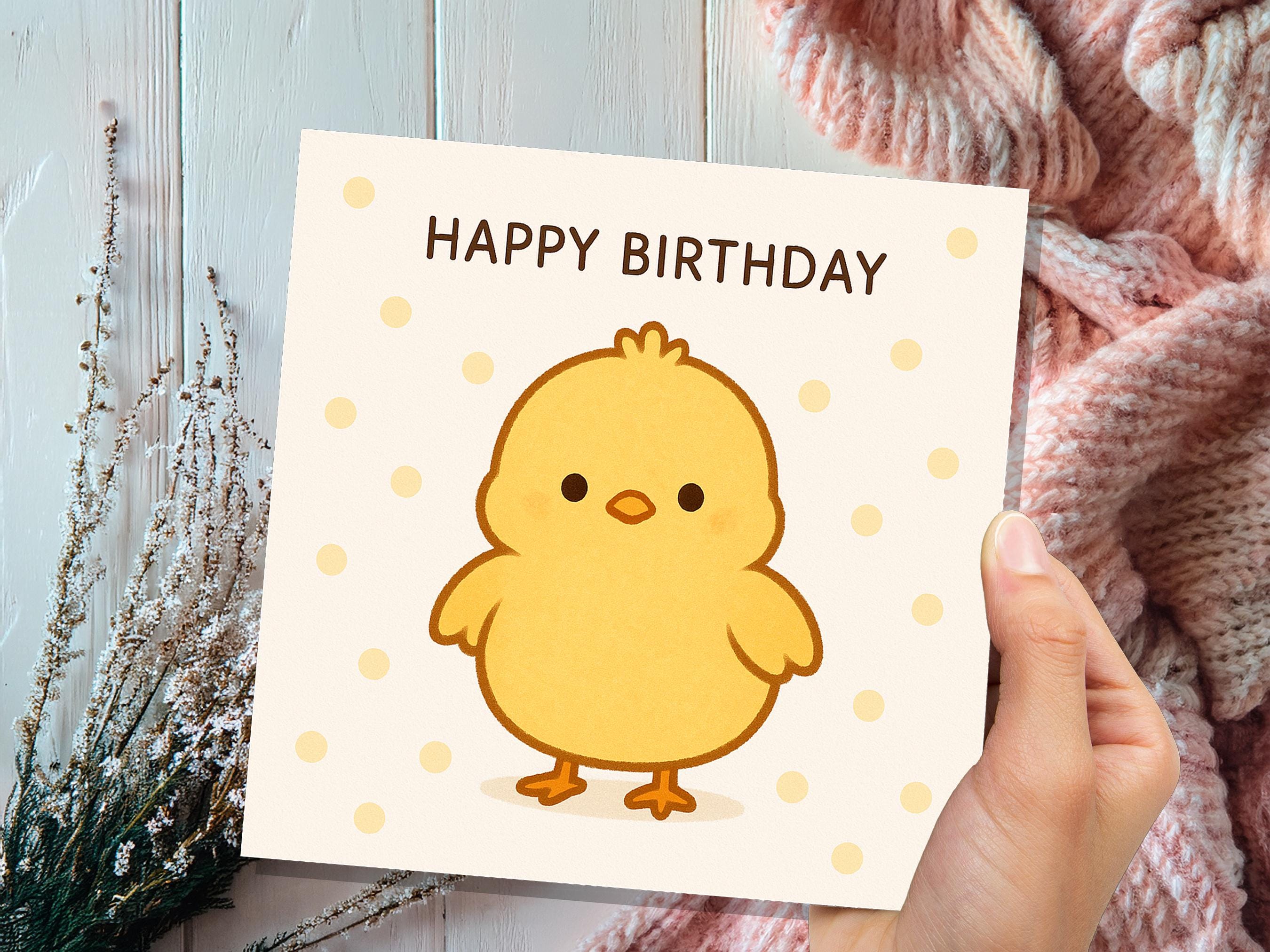 Cute Happy Birthday Chick Card, Kawaii Baby Bird Illustration, Kids Bday Greeting, Sweet Fluffy Yellow Chook for Child, Simple Cartoon Art - View 6