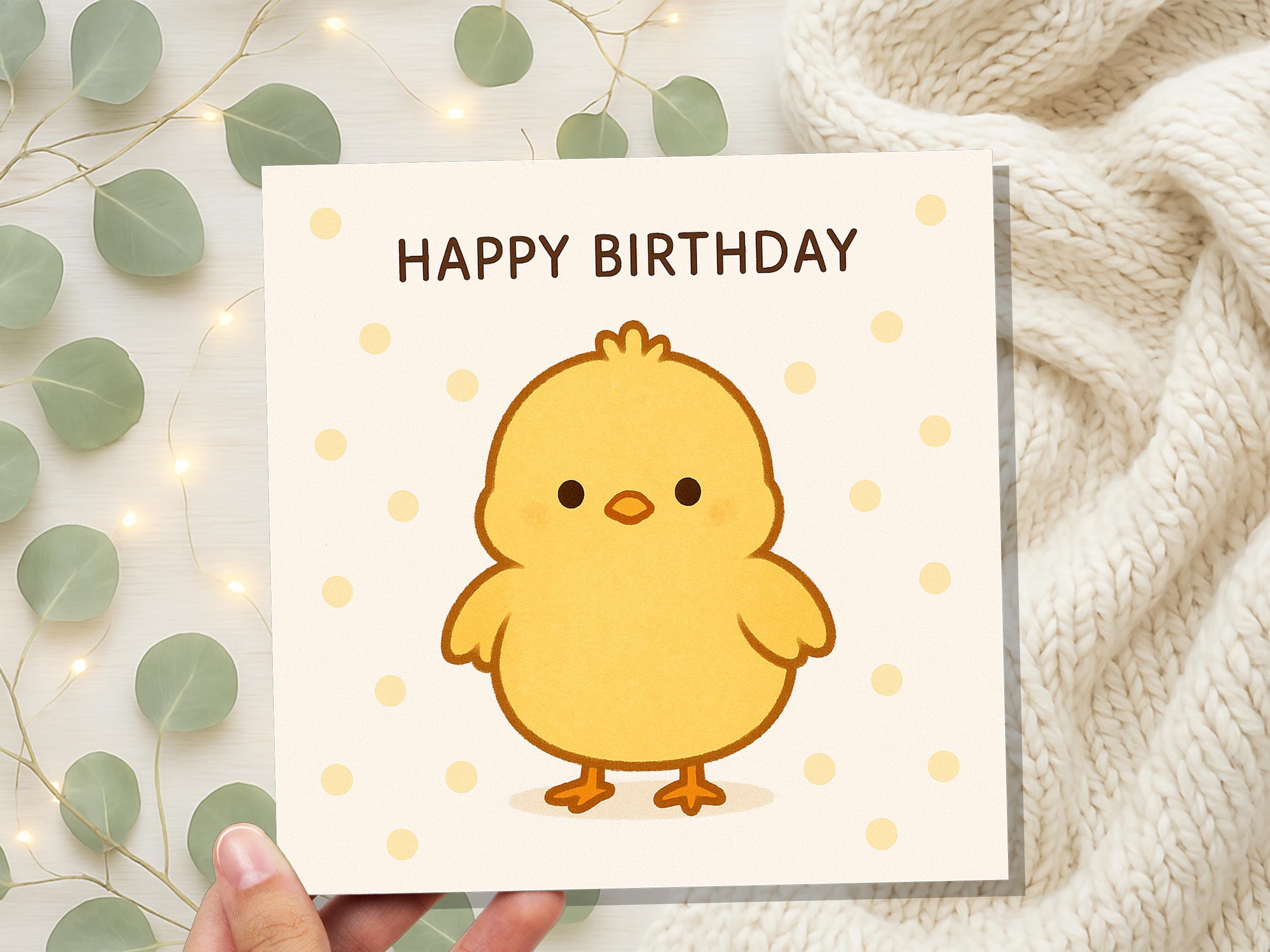Cute Happy Birthday Chick Card, Kawaii Baby Bird Illustration, Kids Bday Greeting, Sweet Fluffy Yellow Chook for Child, Simple Cartoon Art - View 5