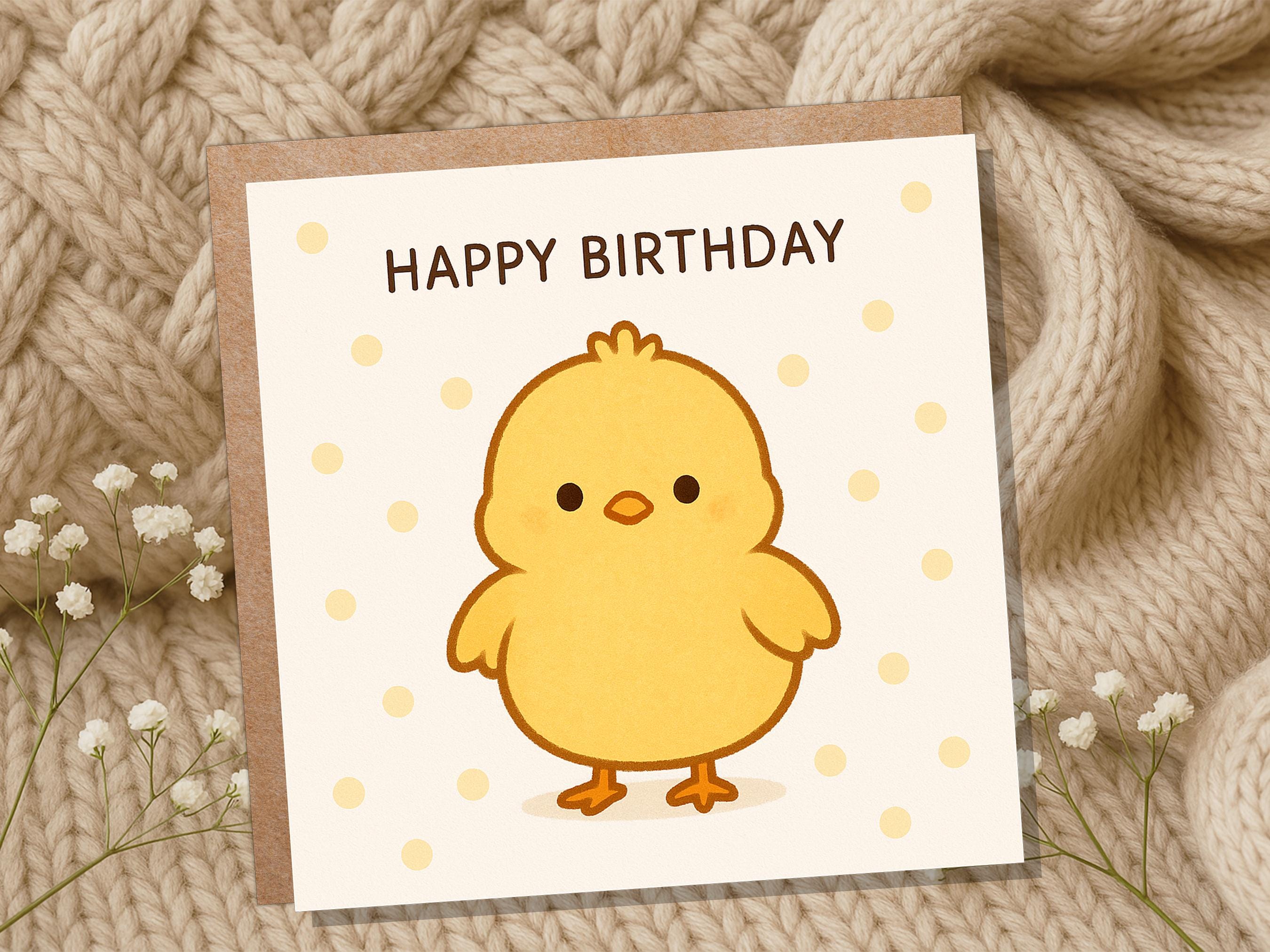 Cute Happy Birthday Chick Card, Kawaii Baby Bird Illustration, Kids Bday Greeting, Sweet Fluffy Yellow Chook for Child, Simple Cartoon Art - View 9