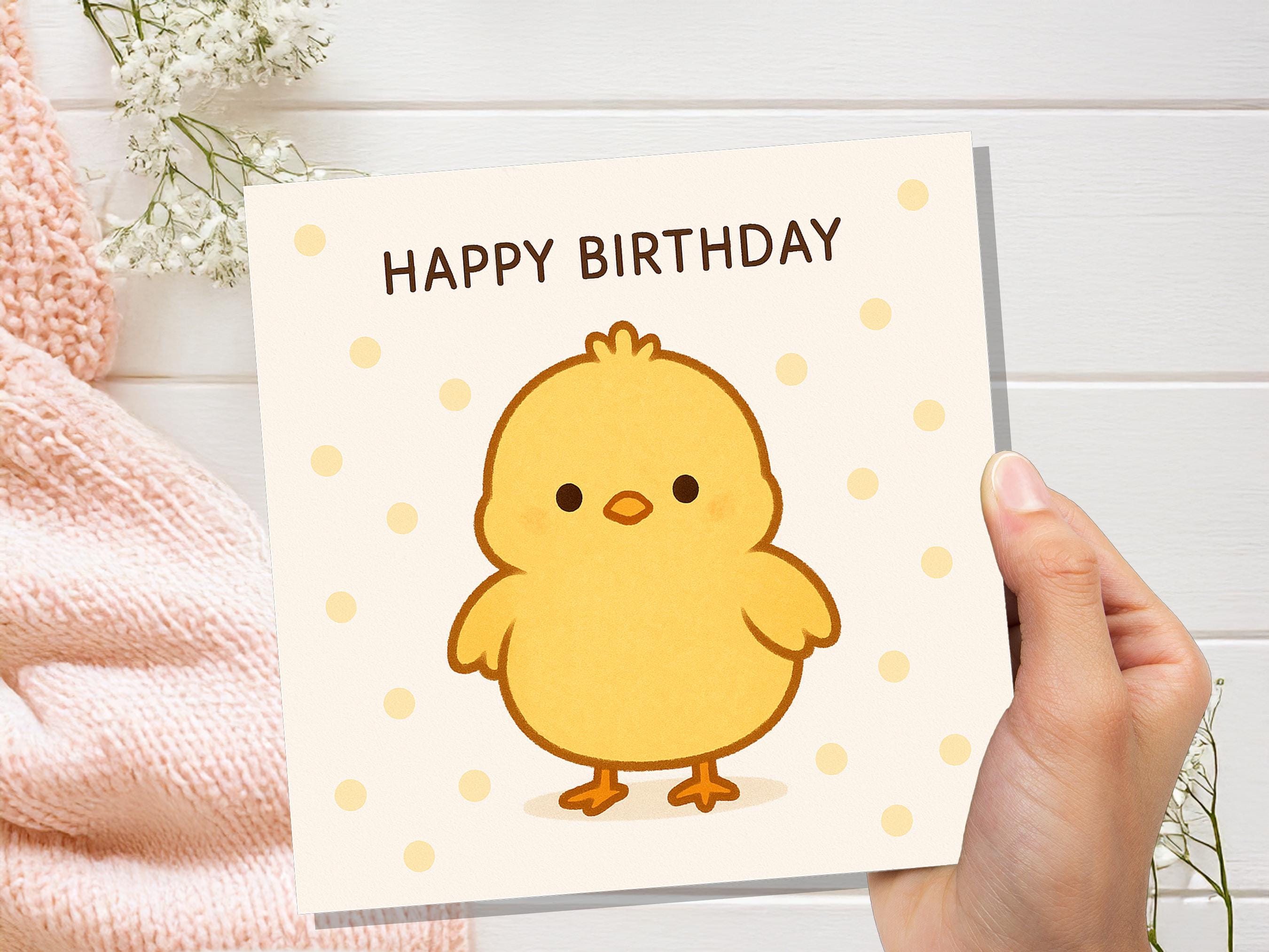Cute Happy Birthday Chick Card, Kawaii Baby Bird Illustration, Kids Bday Greeting, Sweet Fluffy Yellow Chook for Child, Simple Cartoon Art