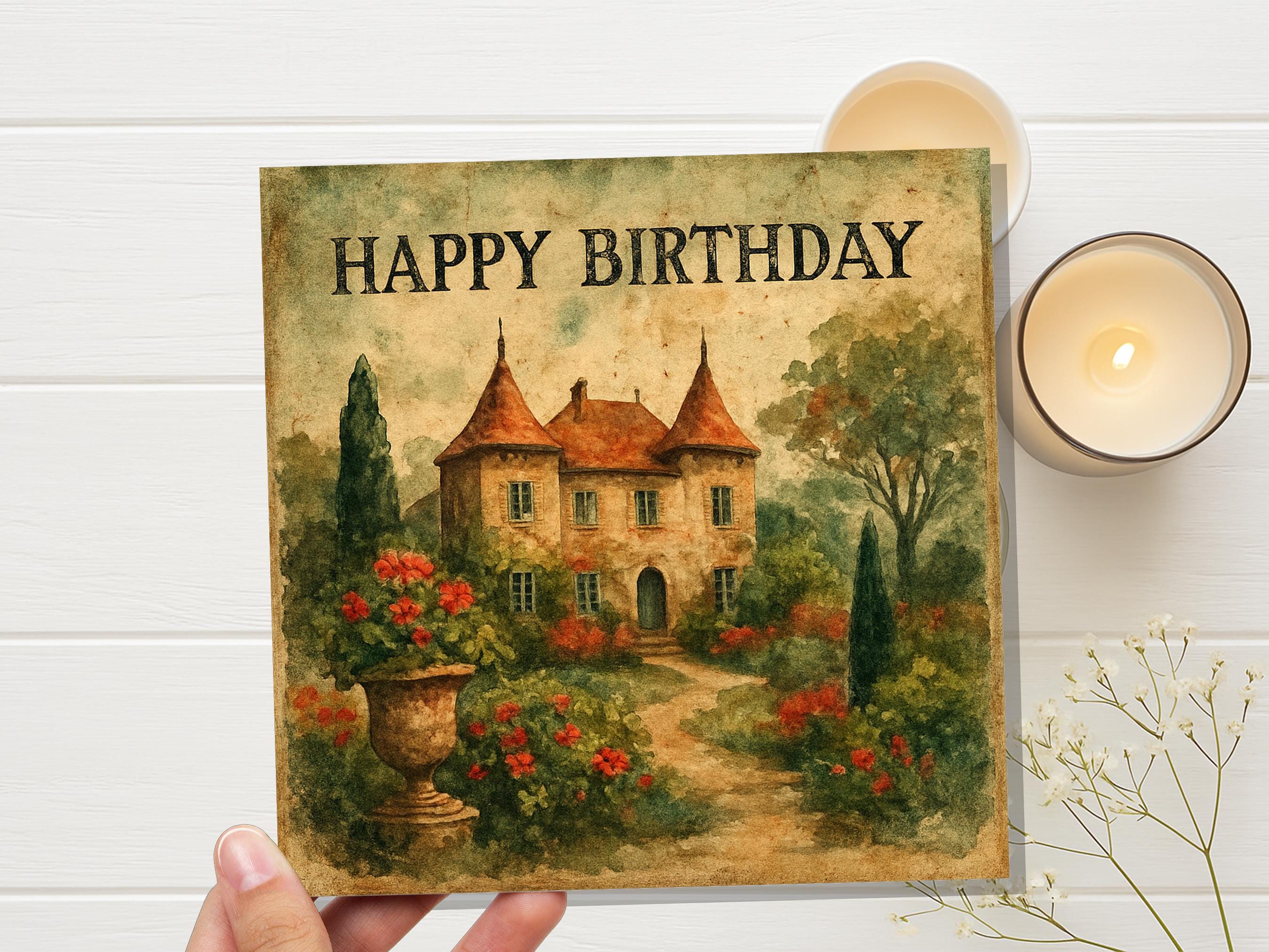 French Chateau Birthday Card, Watercolour Garden Art, Vintage Style Greeting, Unique Card for Her, Romantic Birthday Wishes Chateaucore Art - View 5
