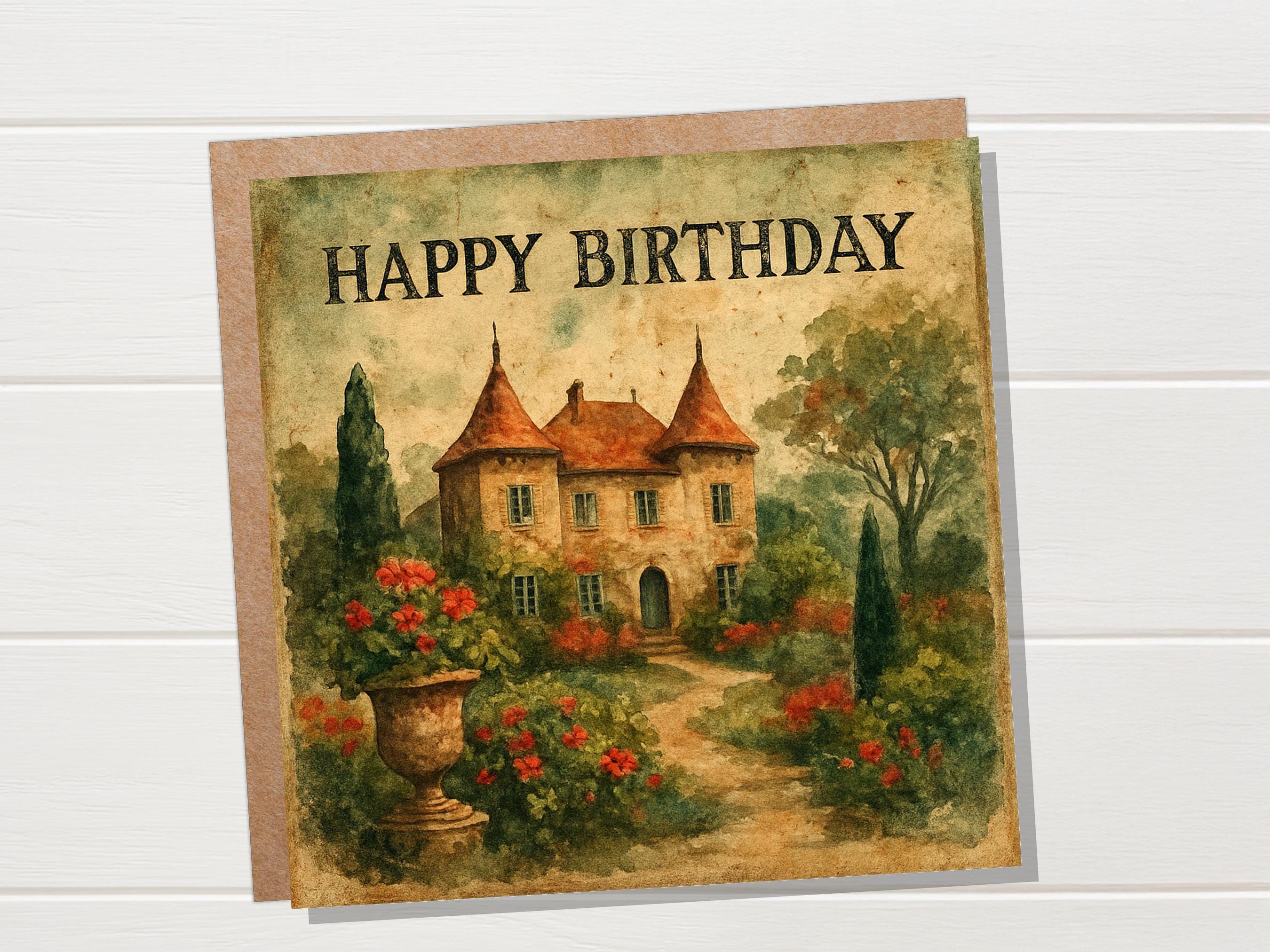 French Chateau Birthday Card, Watercolour Garden Art, Vintage Style Greeting, Unique Card for Her, Romantic Birthday Wishes Chateaucore Art - View 4