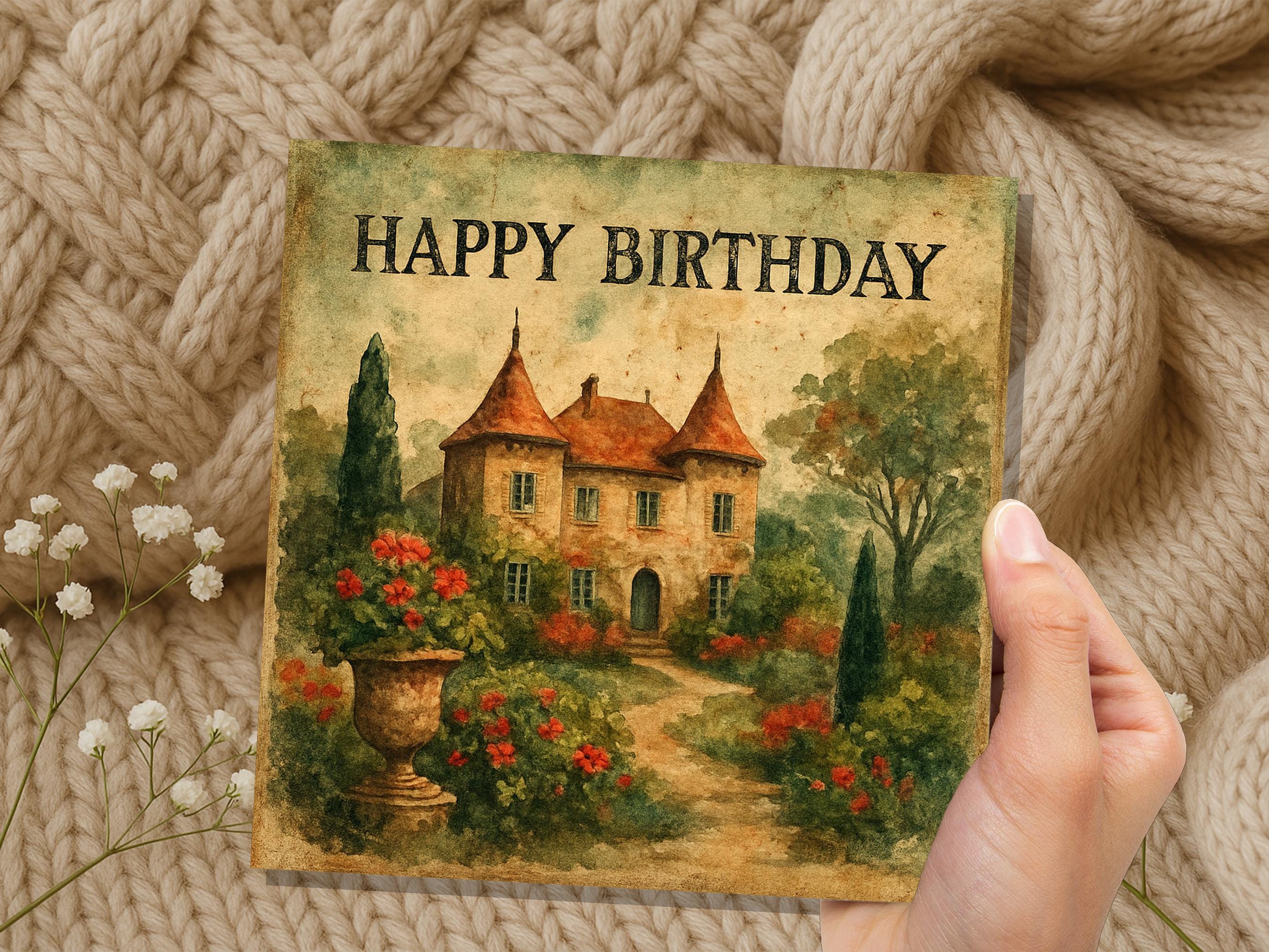 French Chateau Birthday Card, Watercolour Garden Art, Vintage Style Greeting, Unique Card for Her, Romantic Birthday Wishes Chateaucore Art - View 7